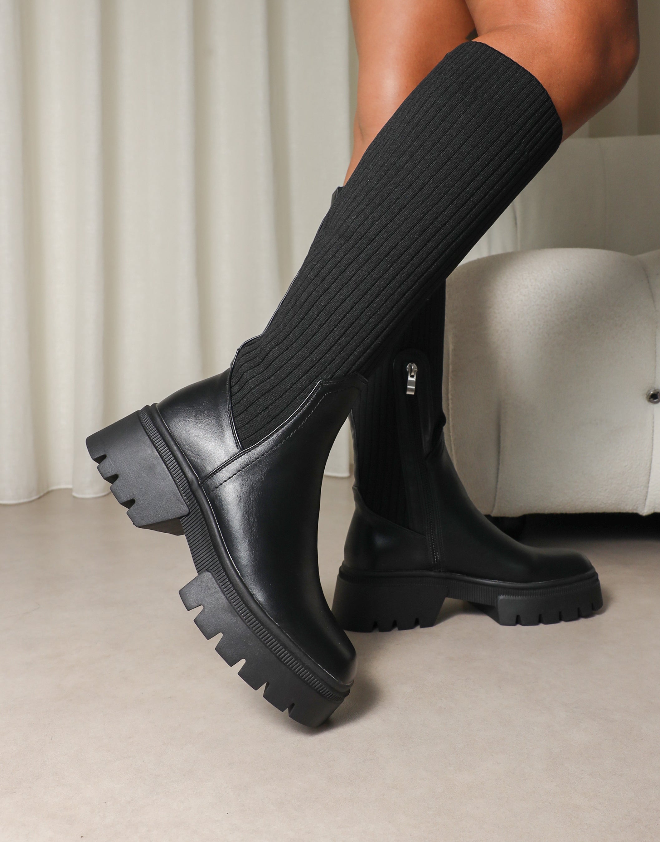 Kenneth Black Knit Knee High Chunky Boots