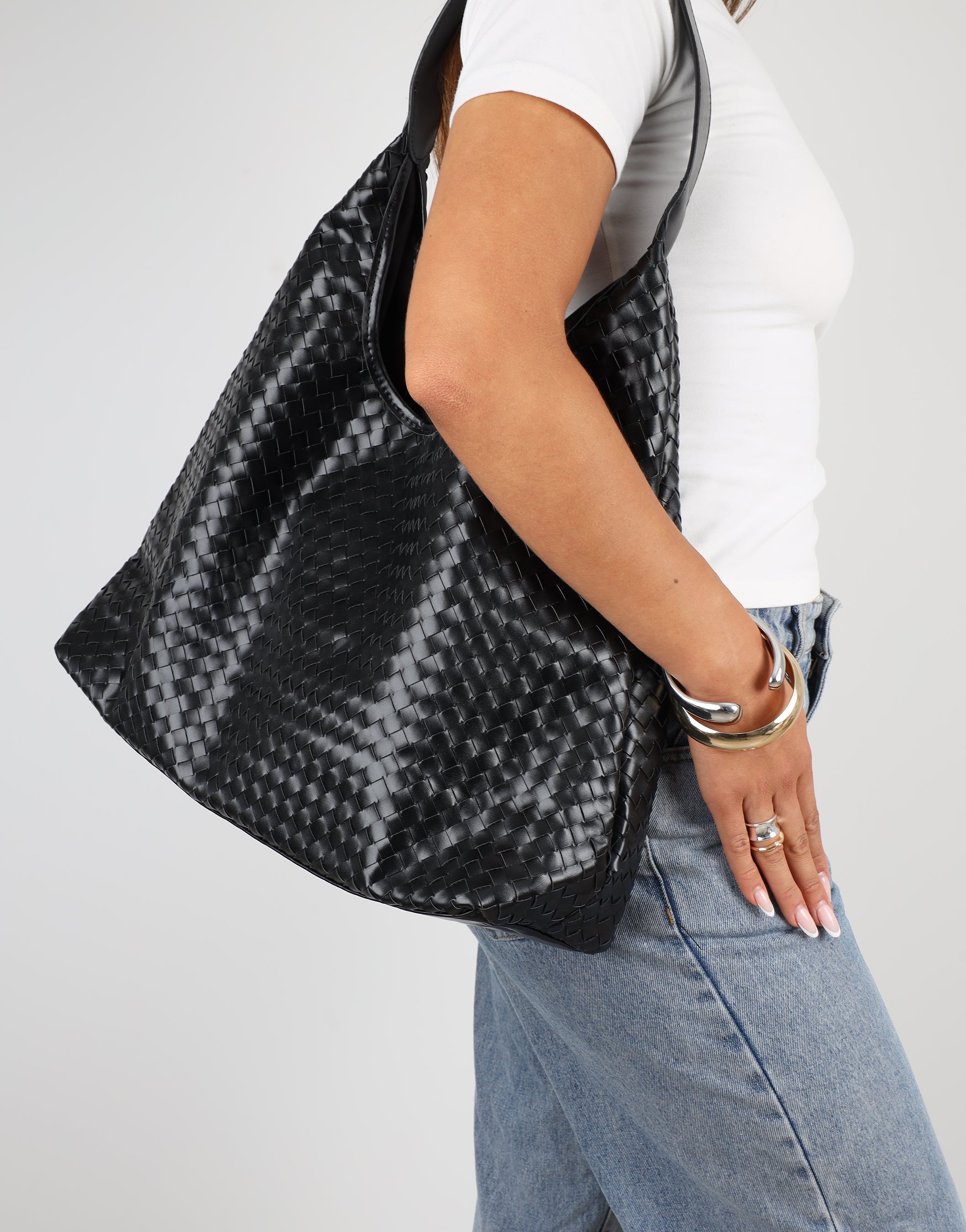 Caria Large Black Woven Shoulder Bag