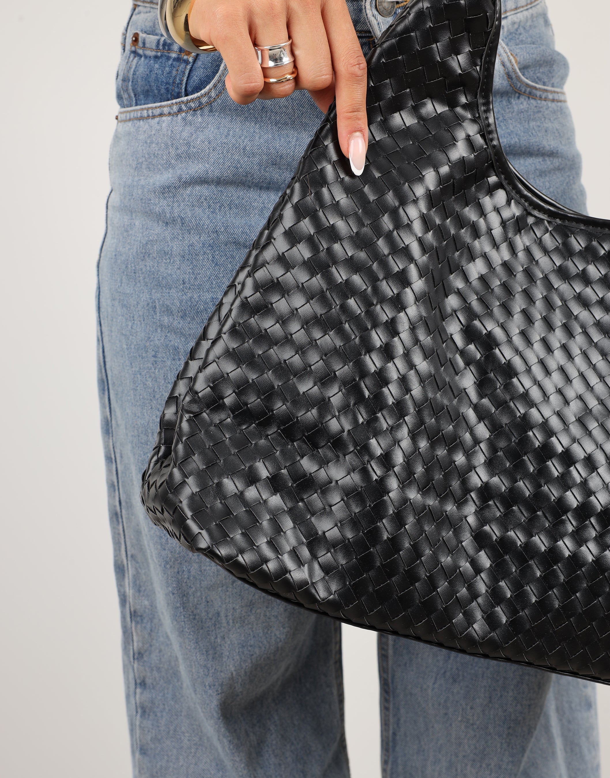 Caria Large Black Woven Shoulder Bag