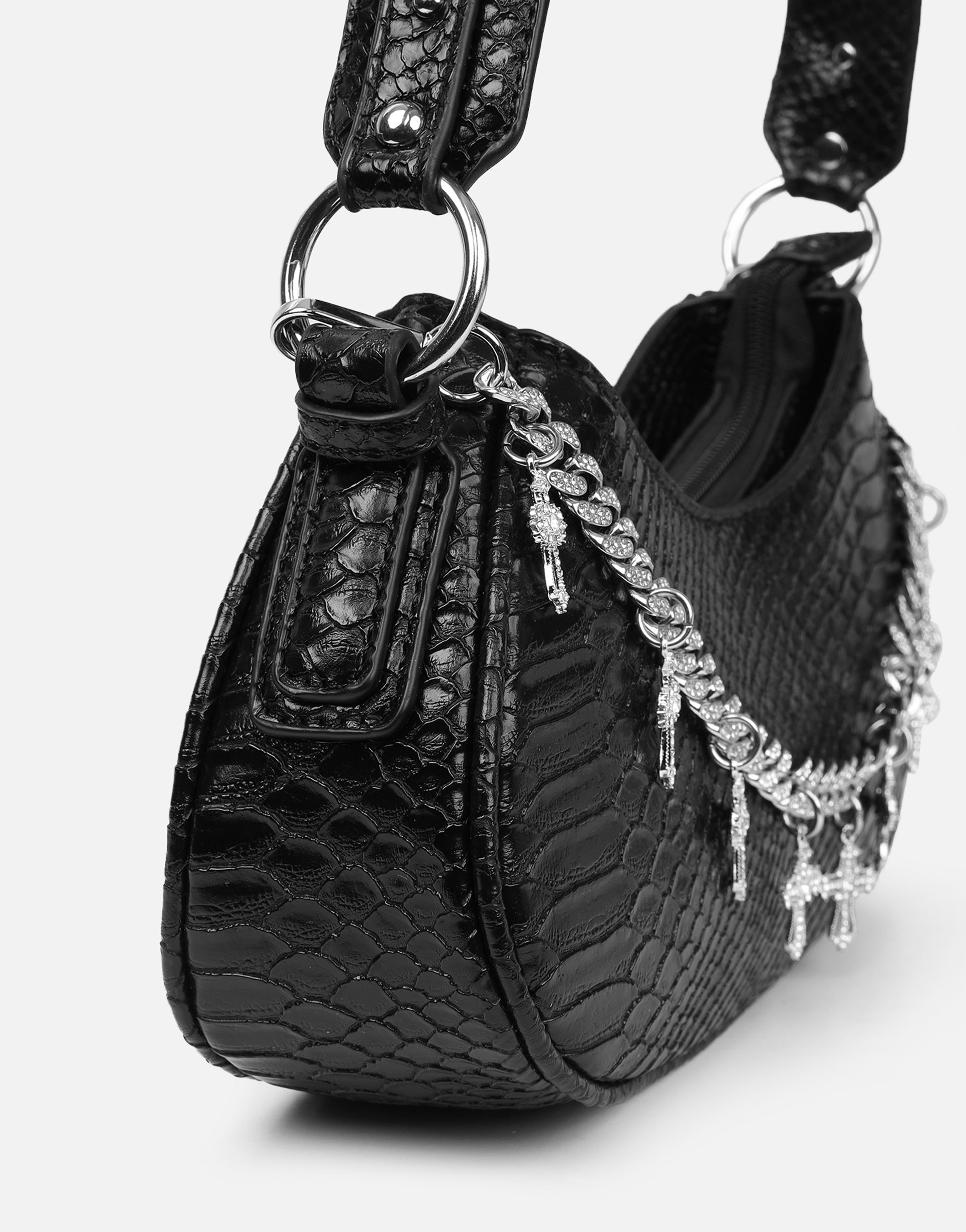 Carmine Black Snake Effect Diamante Cross Chain Shoulder Bag