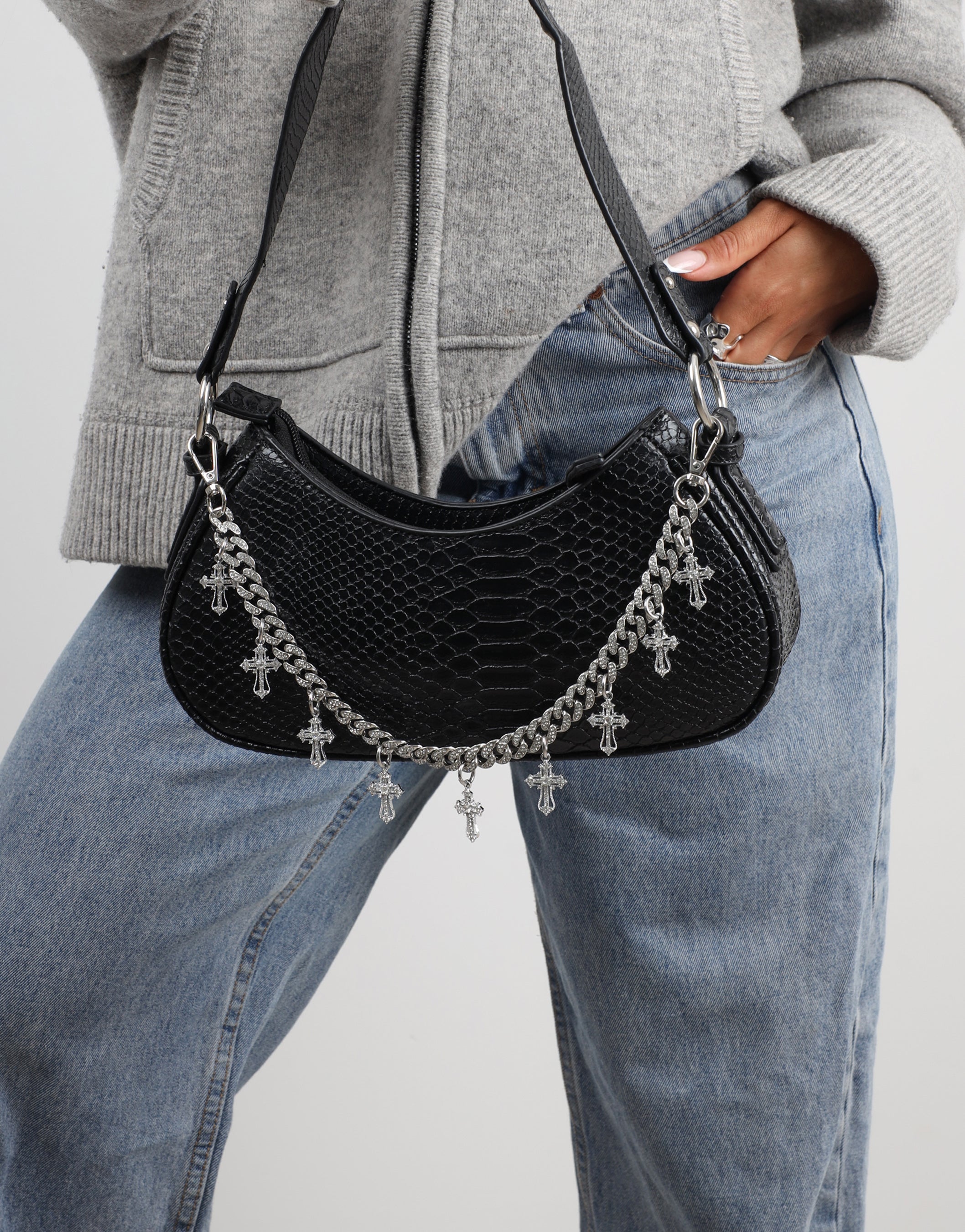 Carmine Black Snake Effect Diamante Cross Chain Shoulder Bag