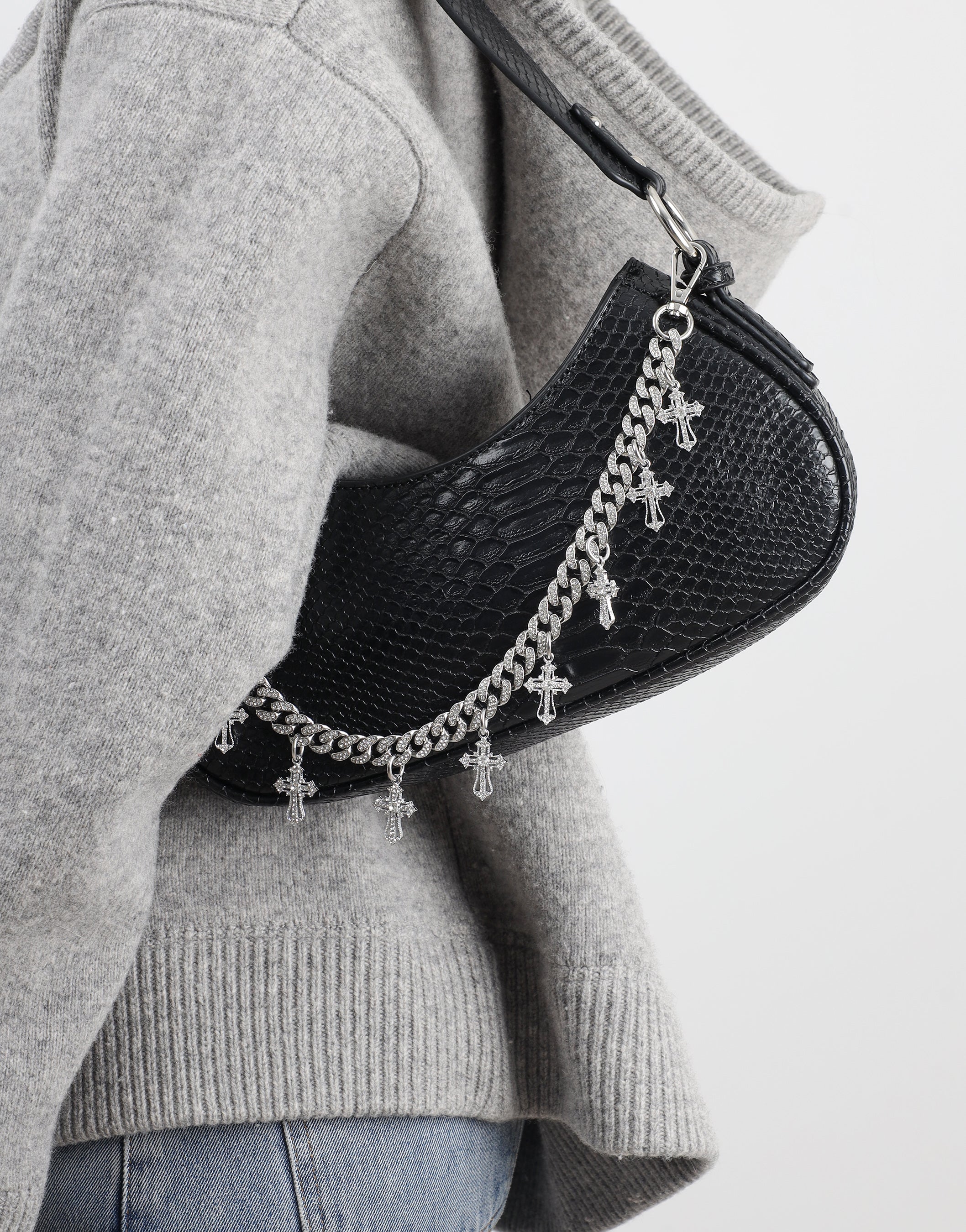 Carmine Black Snake Effect Diamante Cross Chain Shoulder Bag