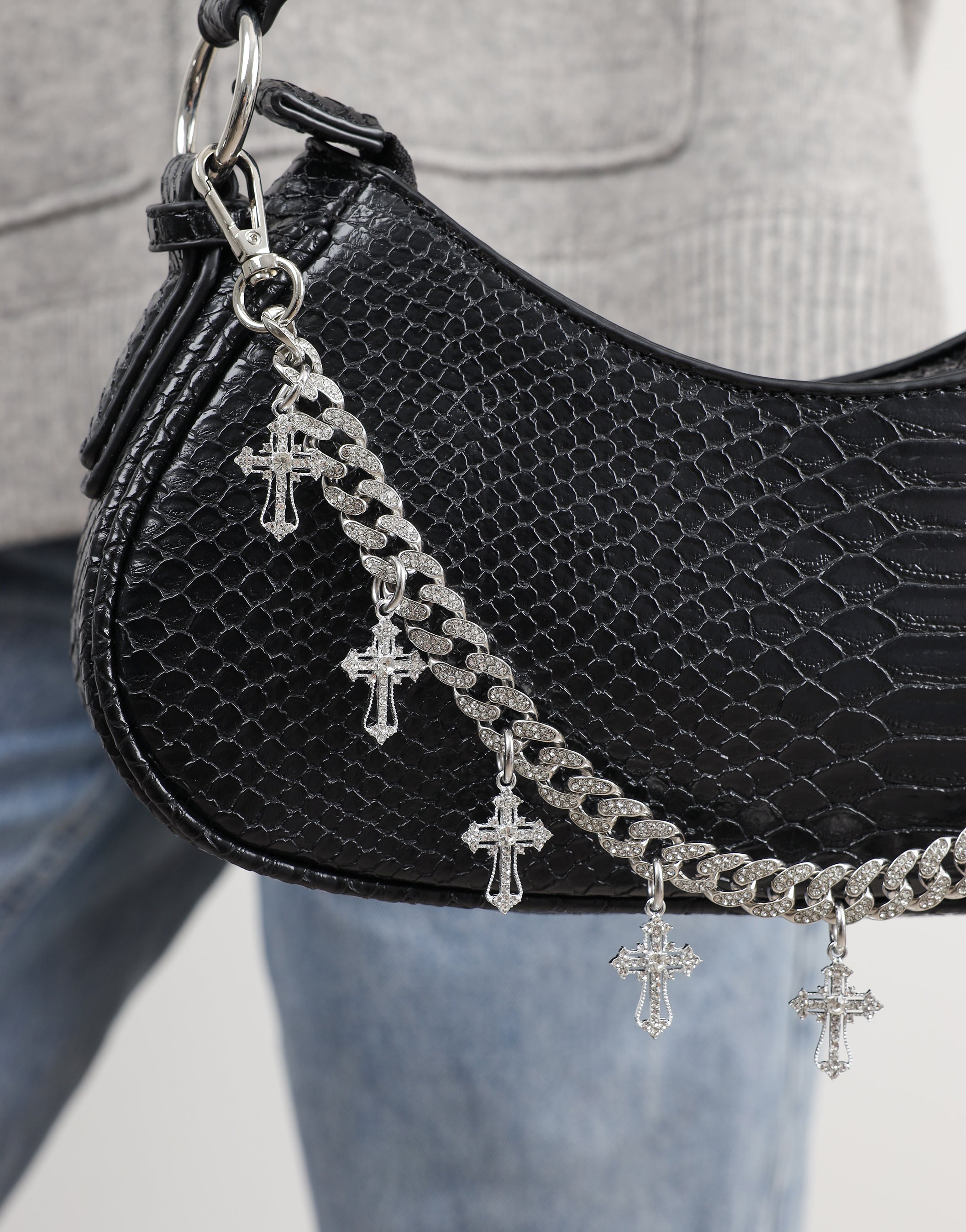 Carmine Black Snake Effect Diamante Cross Chain Shoulder Bag