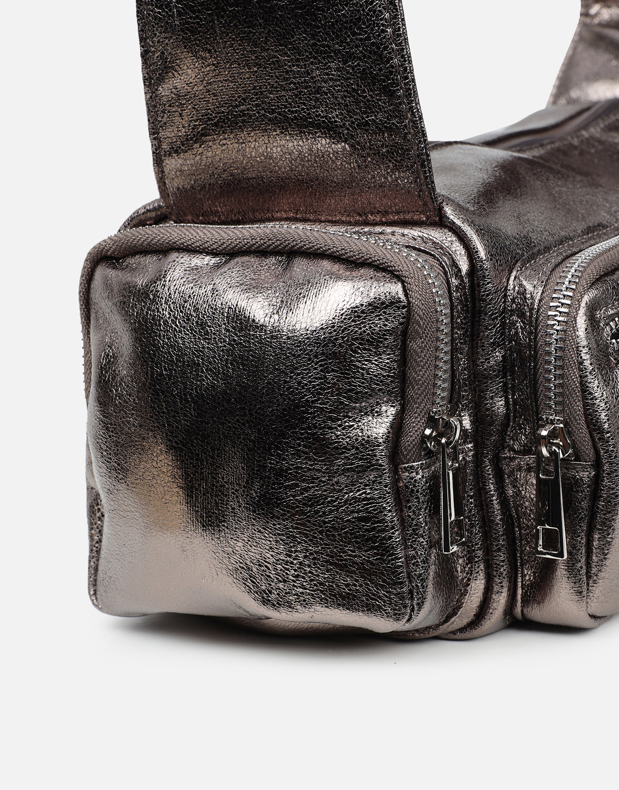 Ceyda Pewter Metallic Barrel Utility Shoulder Bag