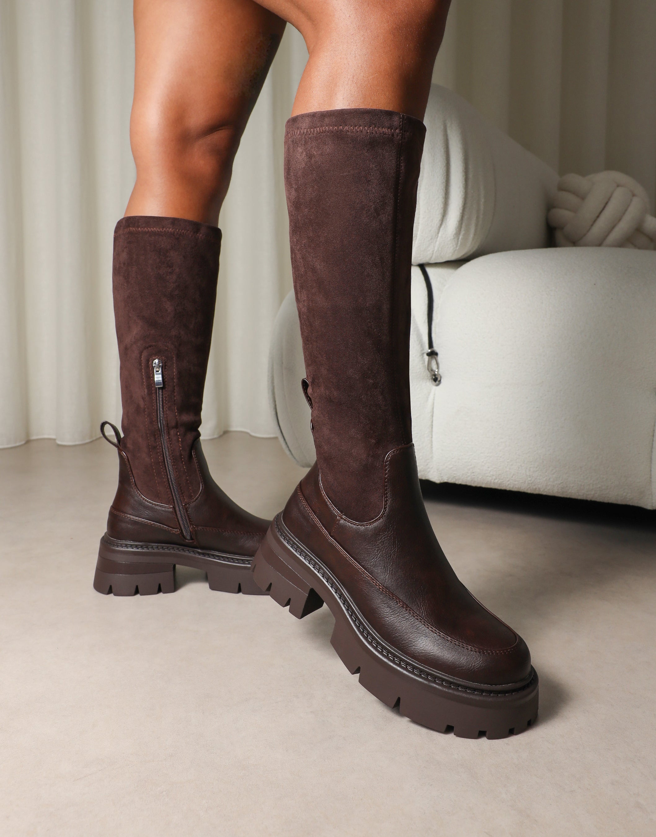 Chorley Brown Microfibre Stretch Chunky Boots
