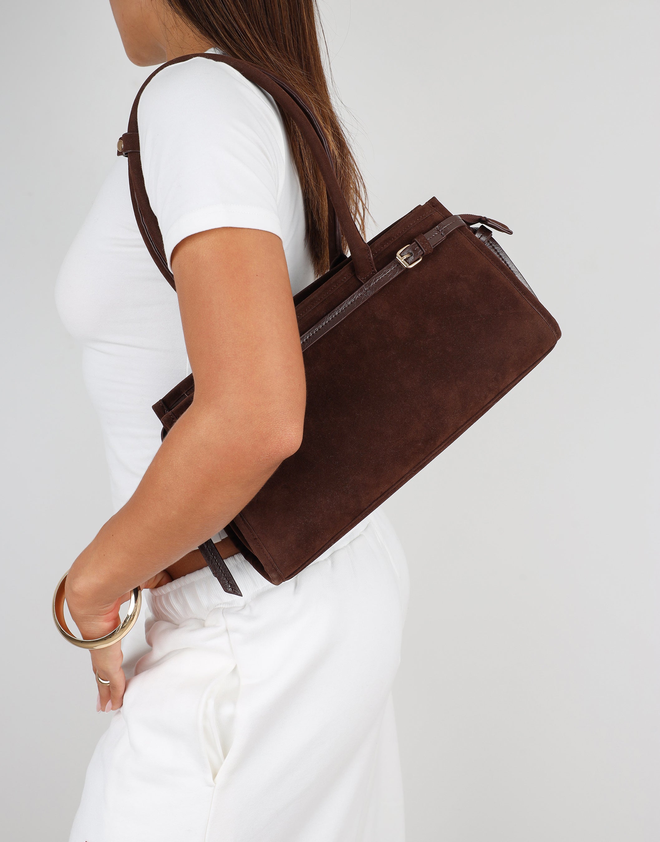 Eos Chocolate Suede Handbag