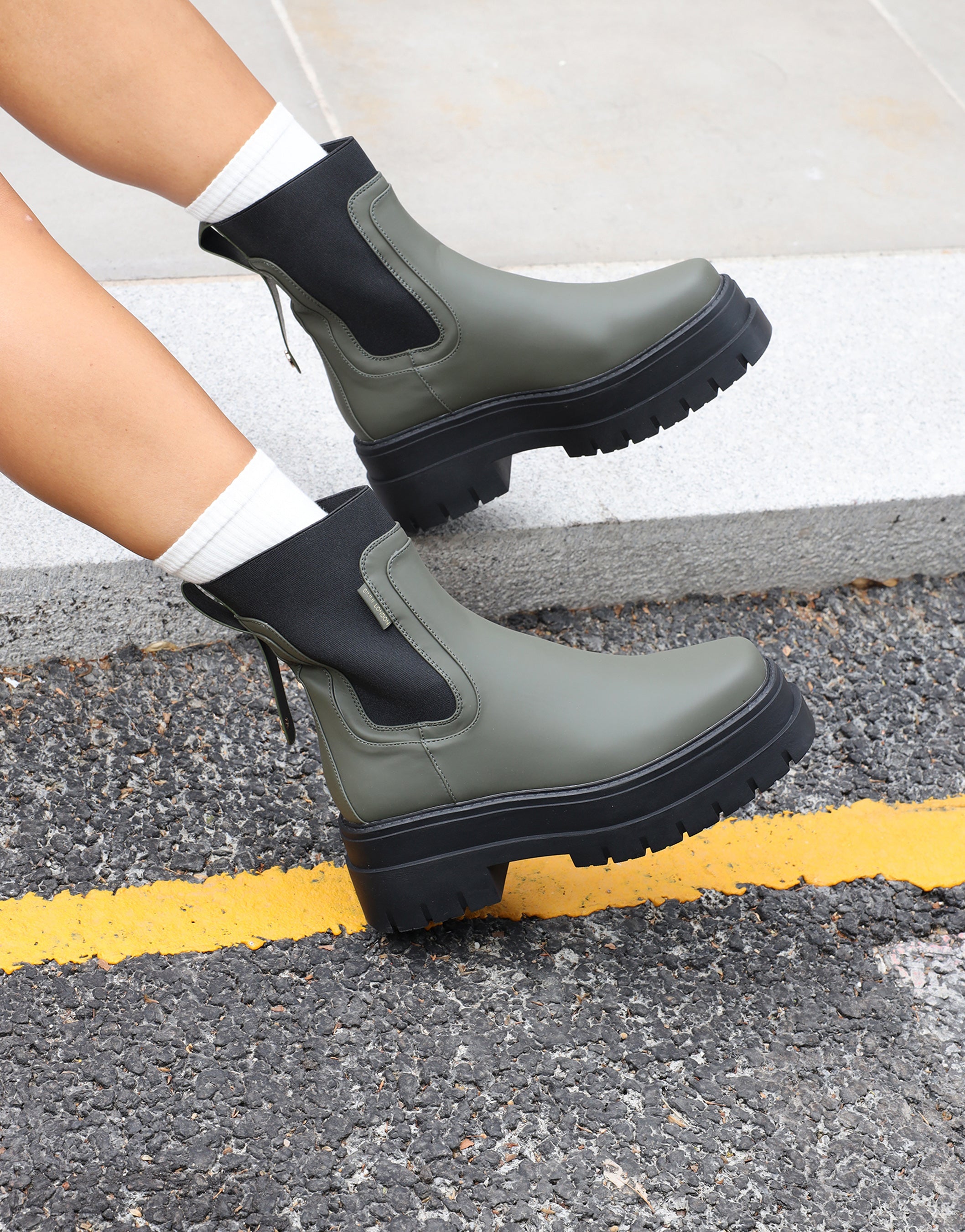 Ansel Khaki Rubberized Contrast Chunky Chelsea Boots