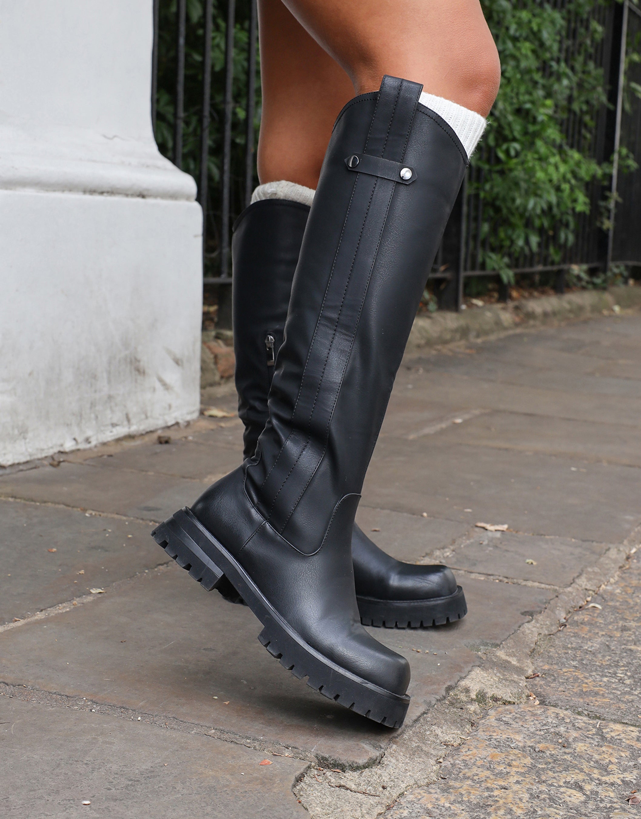Miles Black Knee High Tab Detail Boots