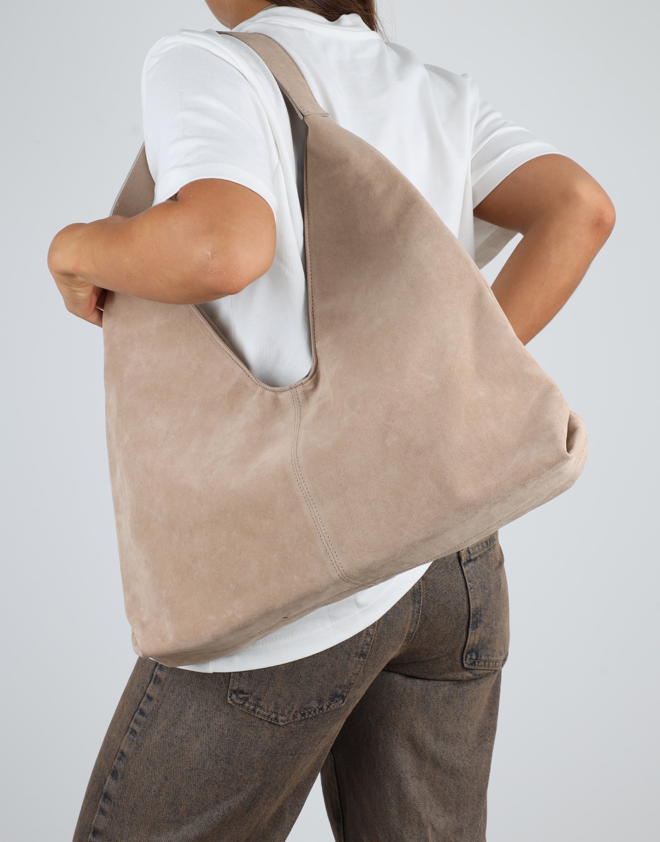 Isla Large Beige Faux Suede Shoulder Bag