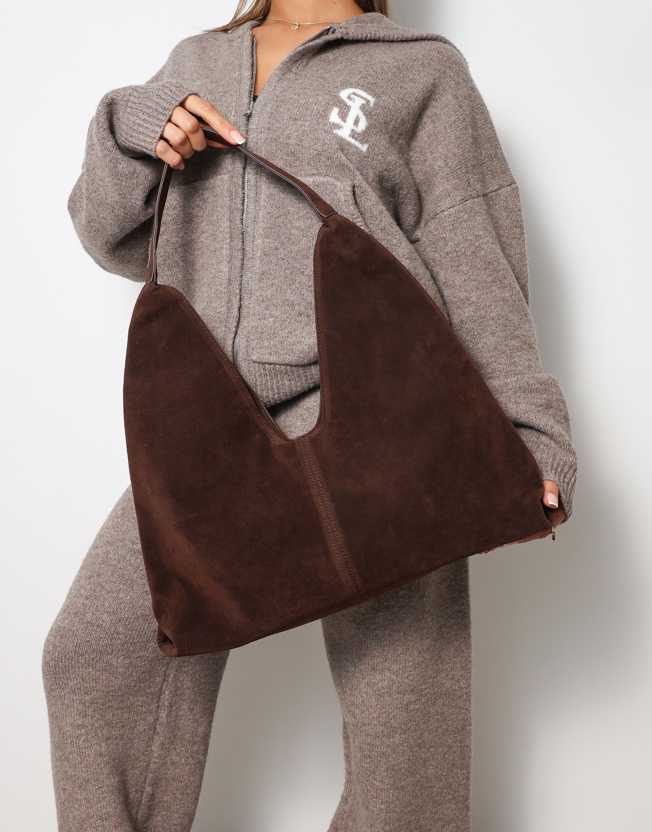 Isla Large Brown Faux Suede Shoulder Bag