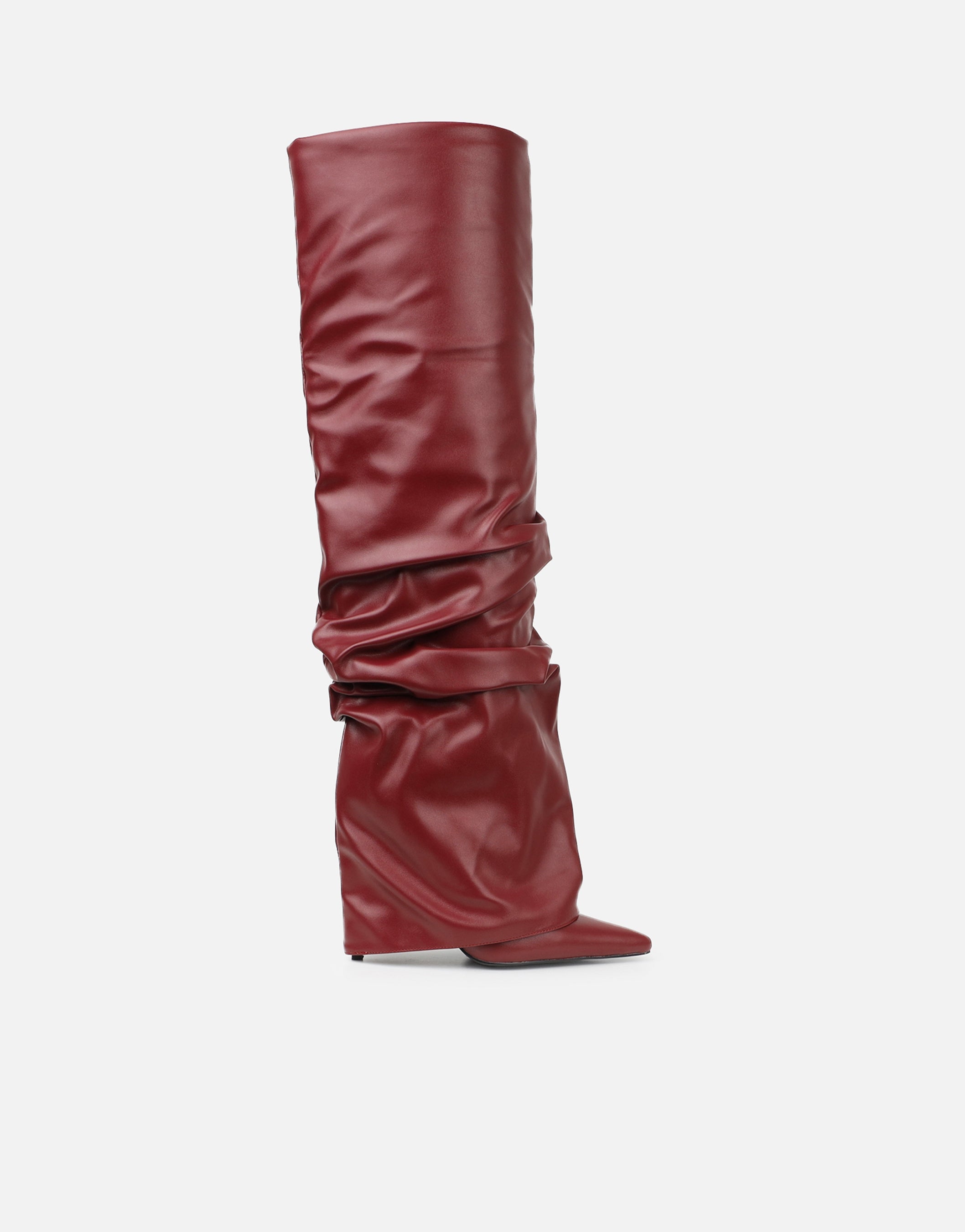 Lukas Burgundy Ruched Fold Over Knee High Boots