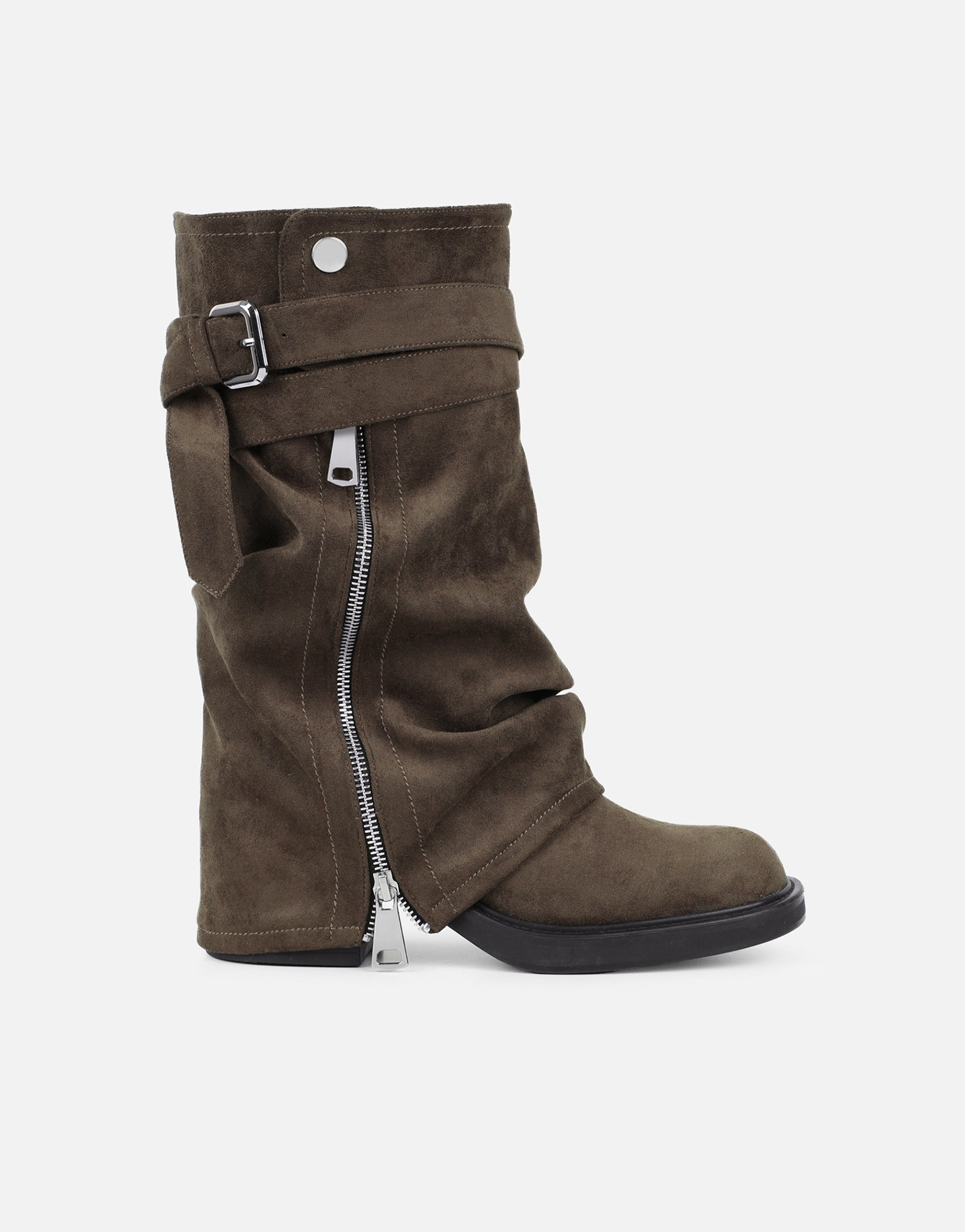 Lowry Khaki Suede Foldover Chunky Boots