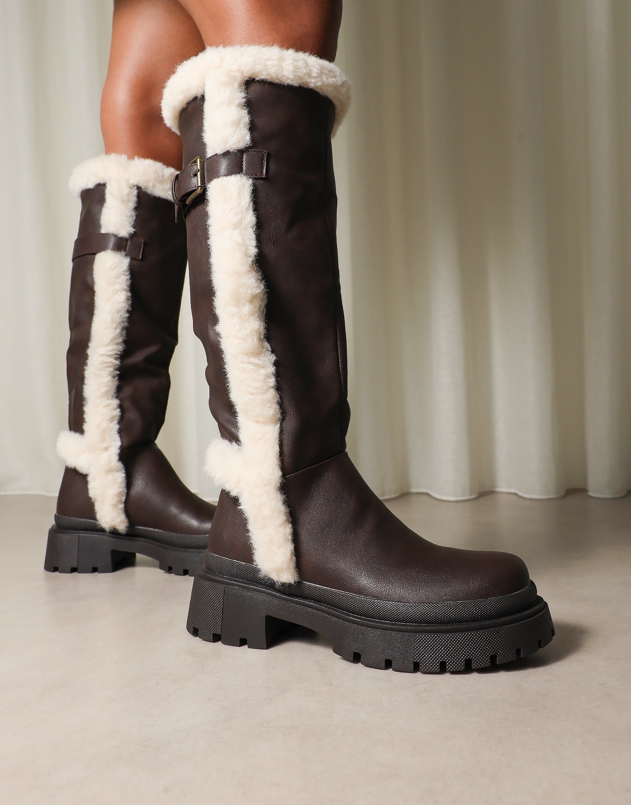Earhart Brown Faux Fur Detail Chunky Boots