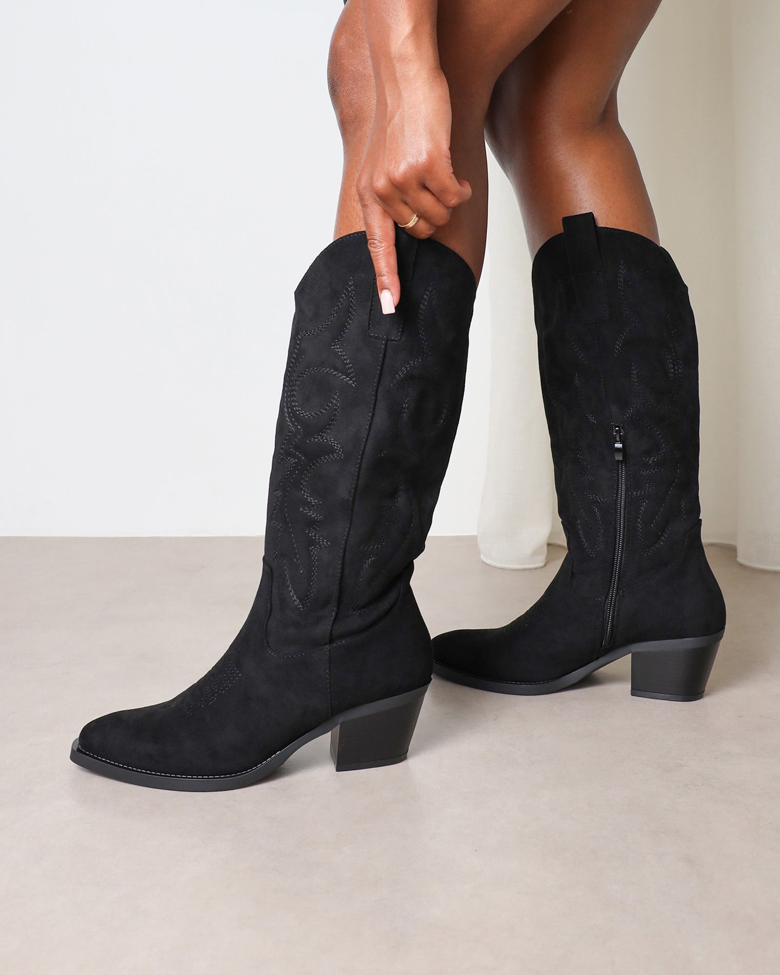 Marsha Black Suede Embroidered Western Calf Boot