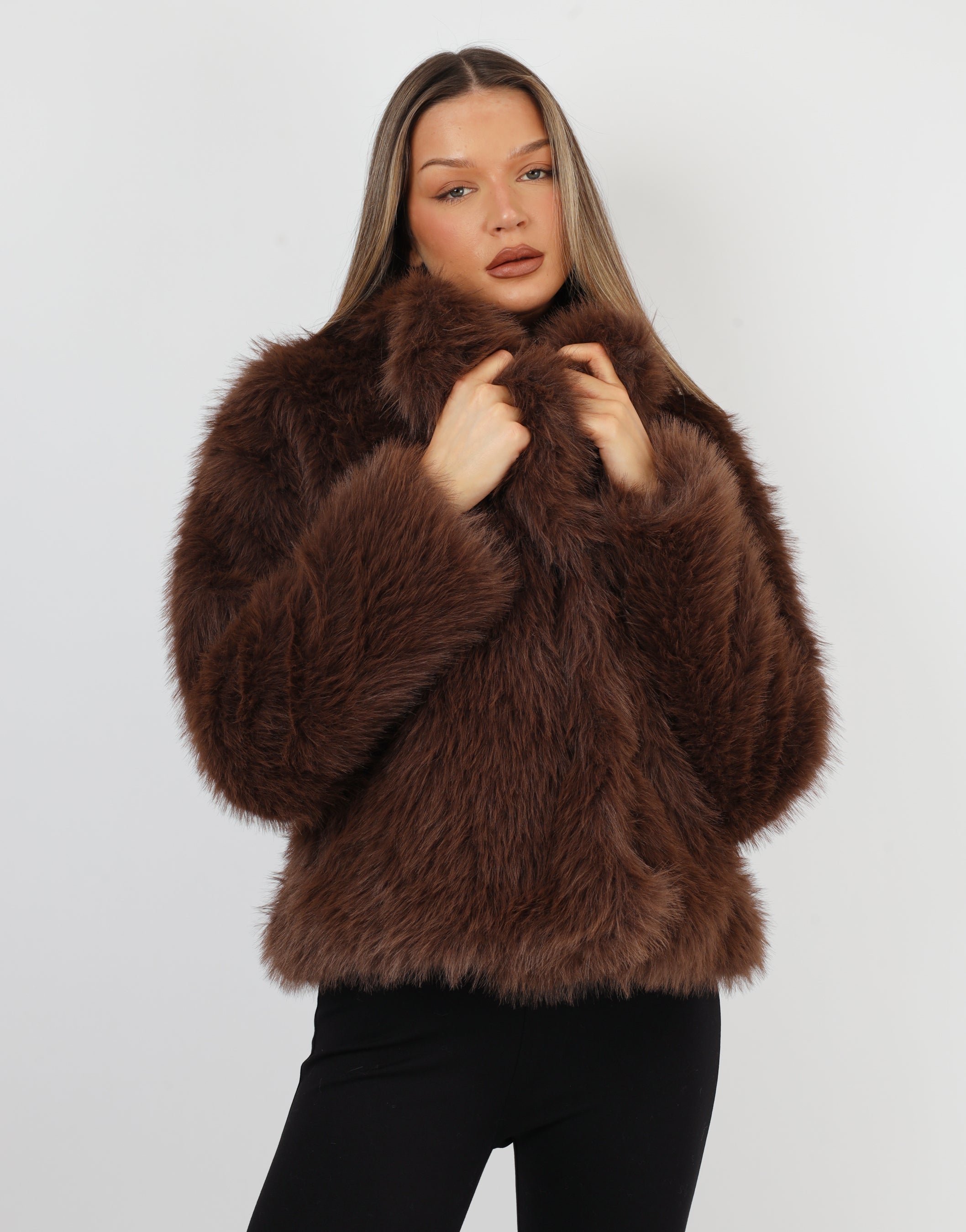 Arabella Oversized Collar Premium Faux Fur Coat in Dark Brown