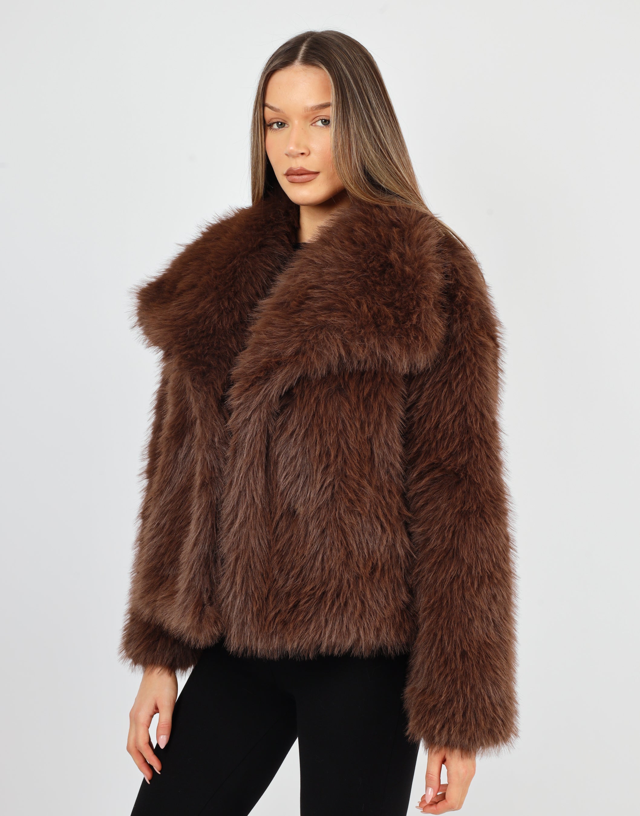 Arabella Oversized Collar Premium Faux Fur Coat in Dark Brown