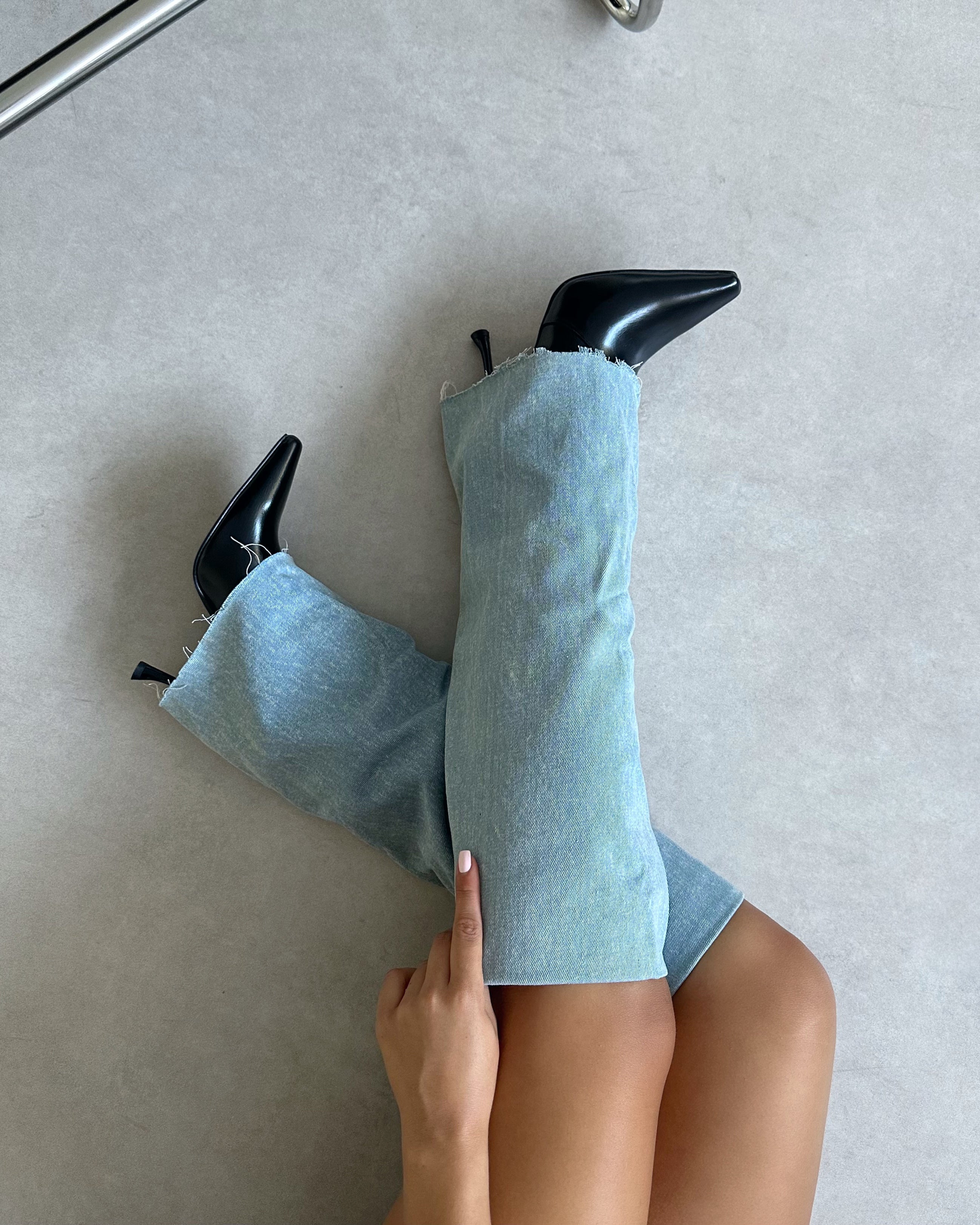 Fergal Denim And Black Fold Over Heeled Knee High Boots