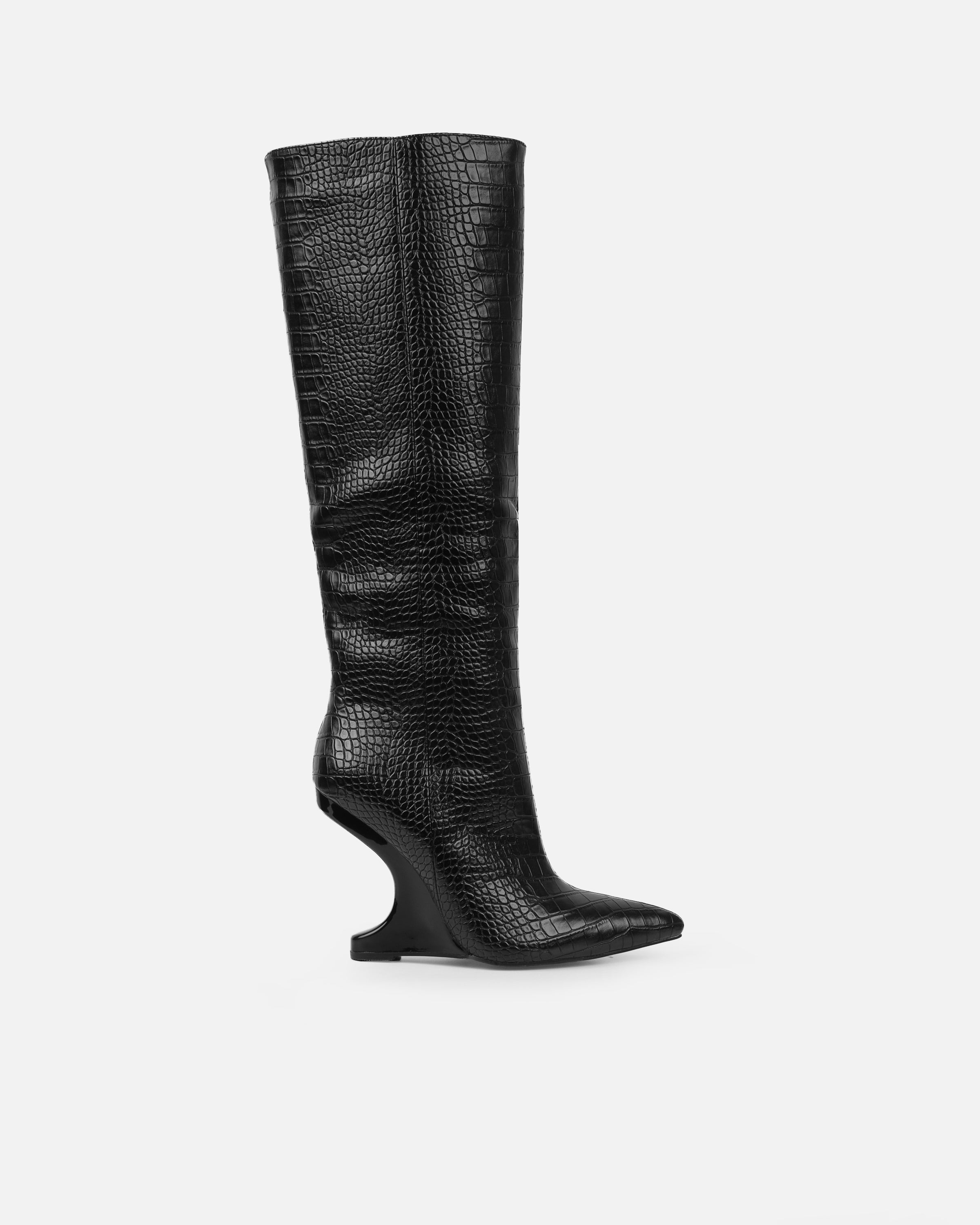 Adler Black Faux Croc Wedge Knee High Boots