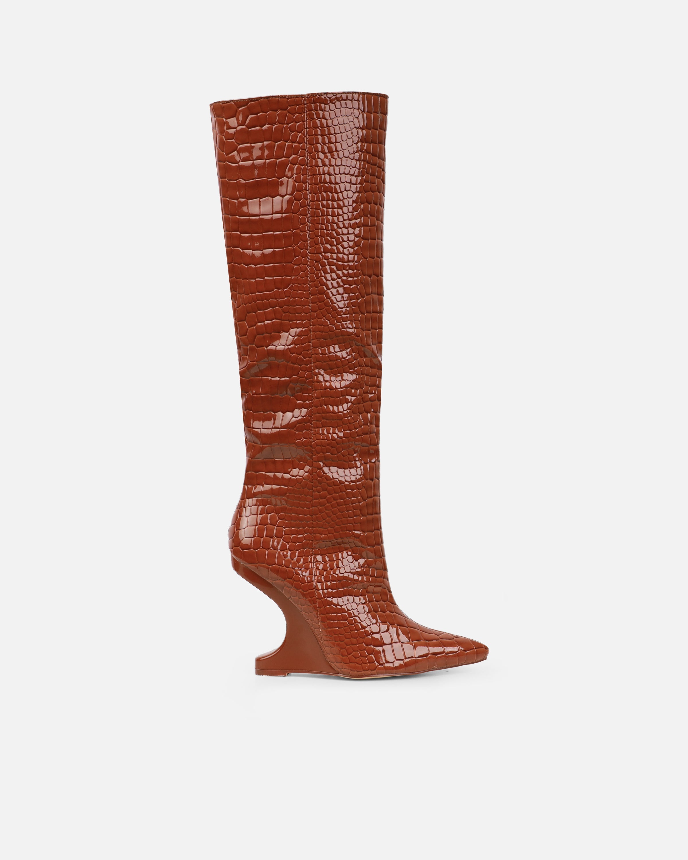 Adler Tan Faux Croc Wedge Knee High Boots