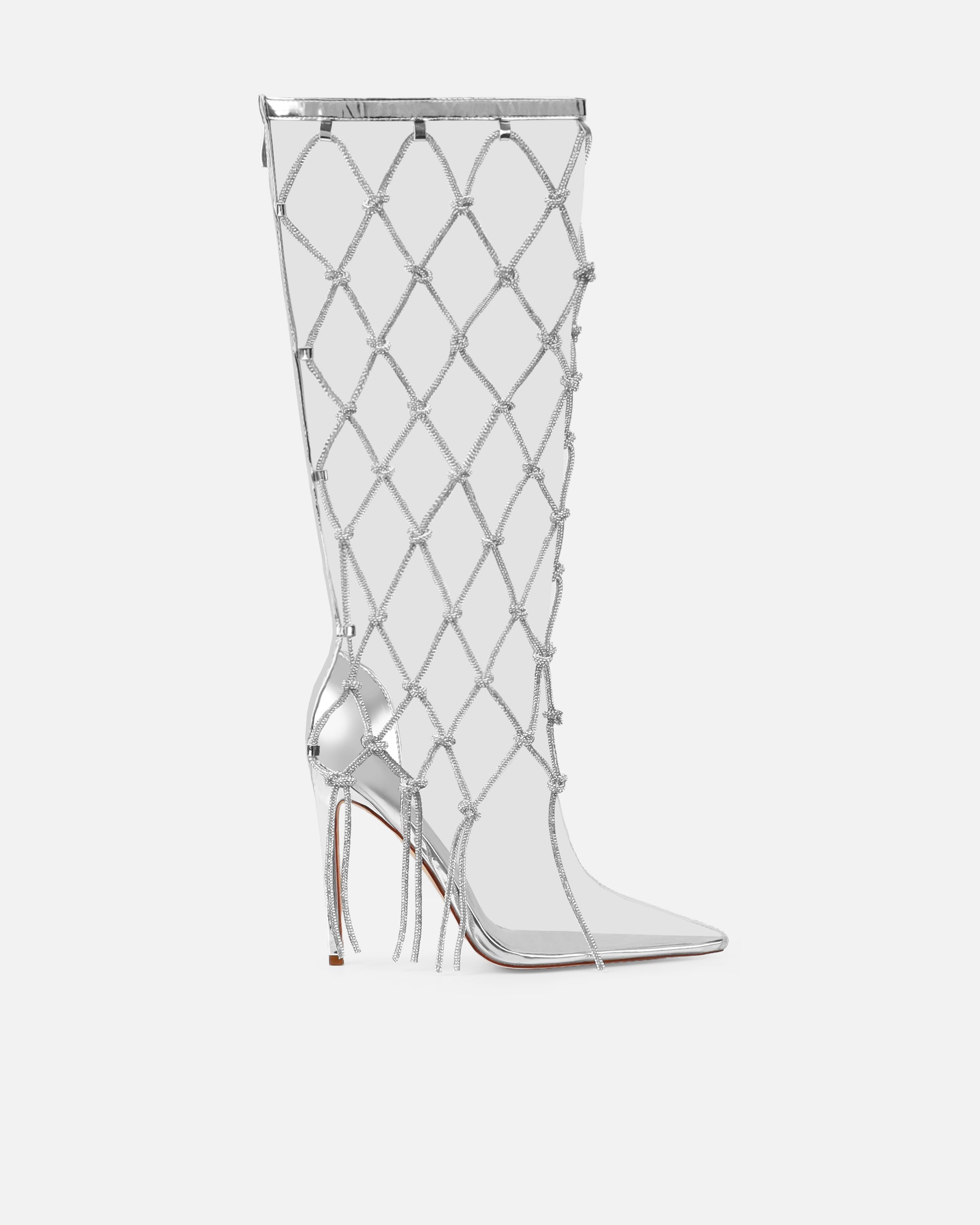 Picasso Silver Clear Diamante Stiletto Knee High Boots