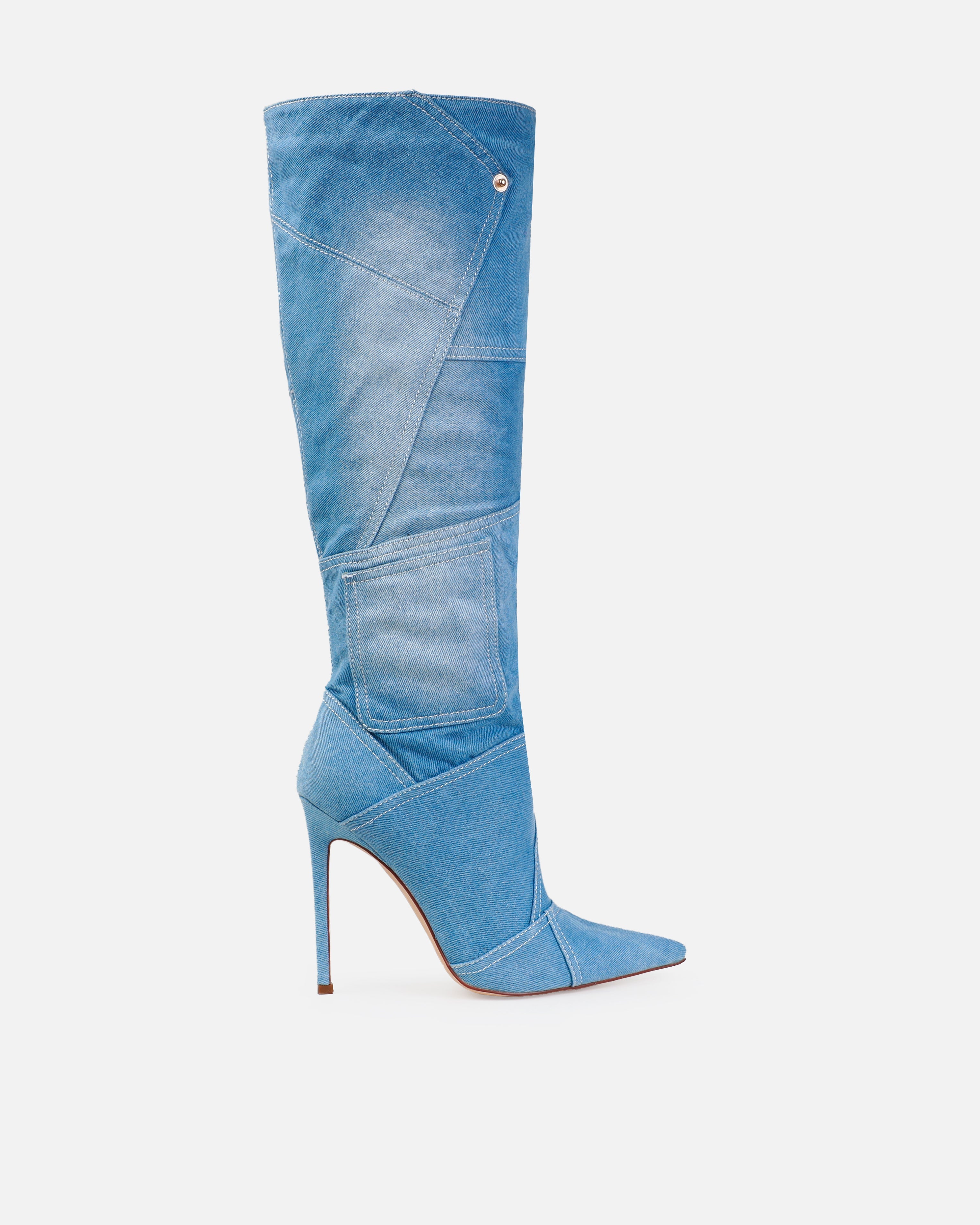 Tasha Ghouri Isaac Blue Denim Patchwork Knee High Boots