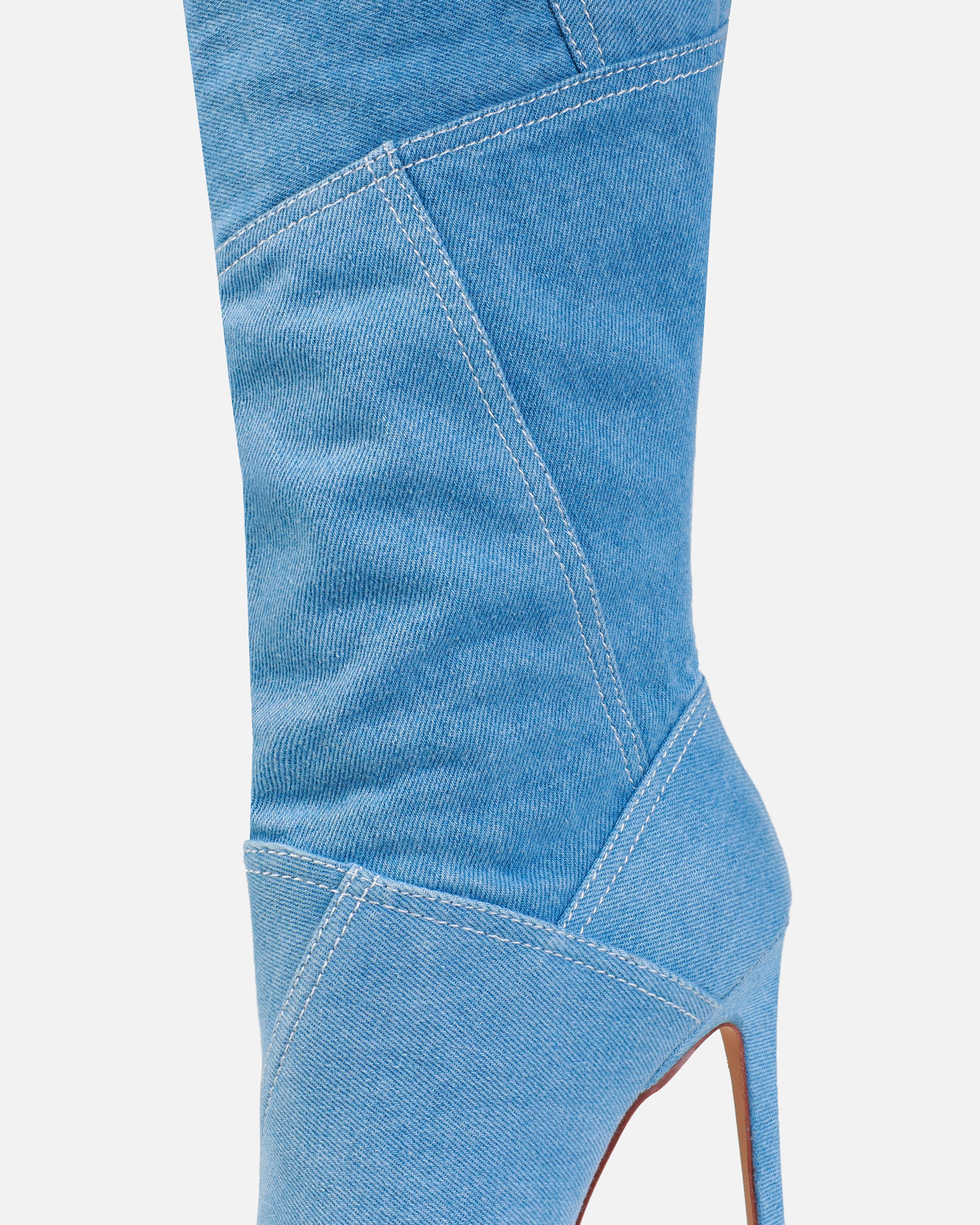 Tasha Ghouri Isaac Blue Denim Patchwork Knee High Boots