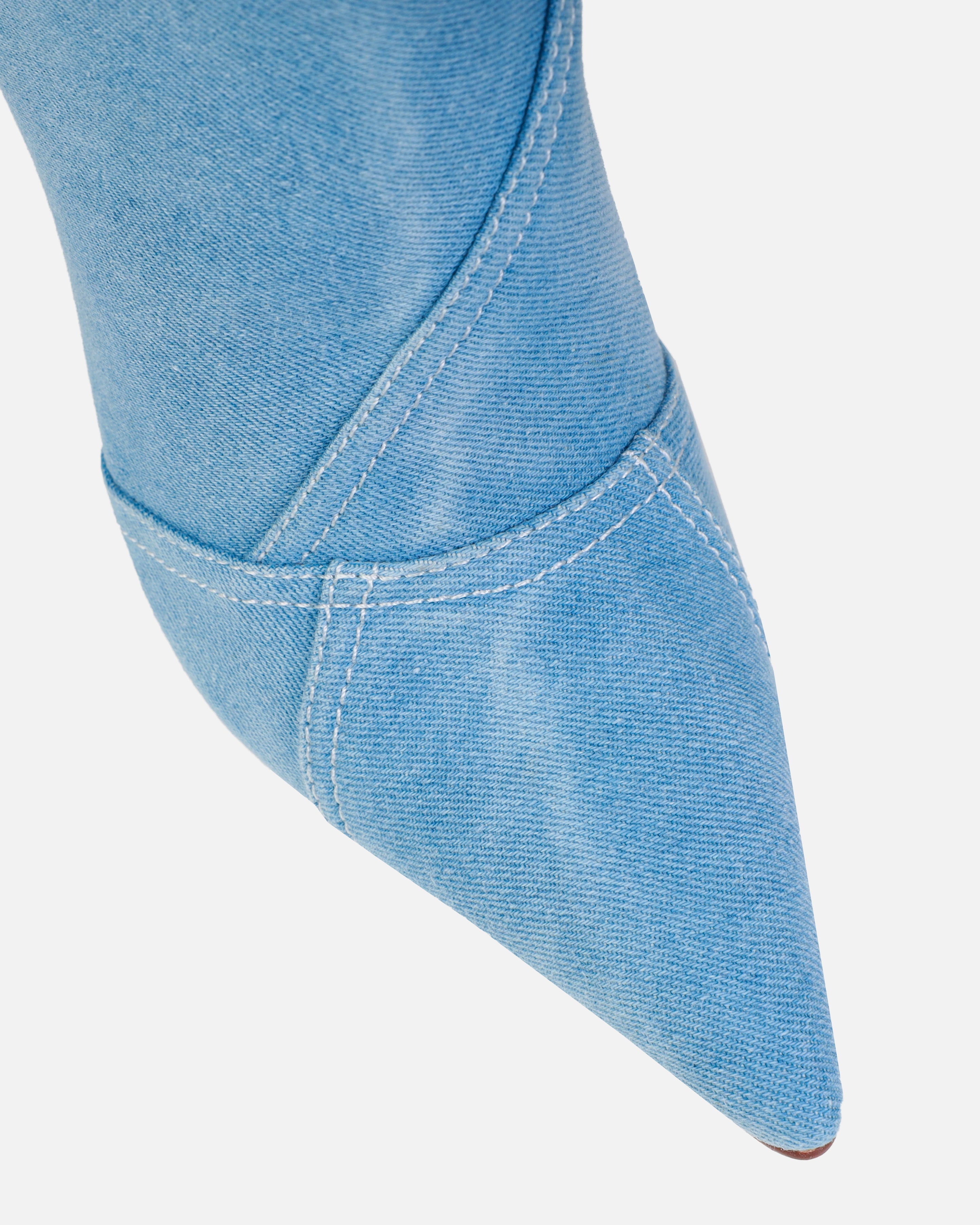 Tasha Ghouri Isaac Blue Denim Patchwork Knee High Boots