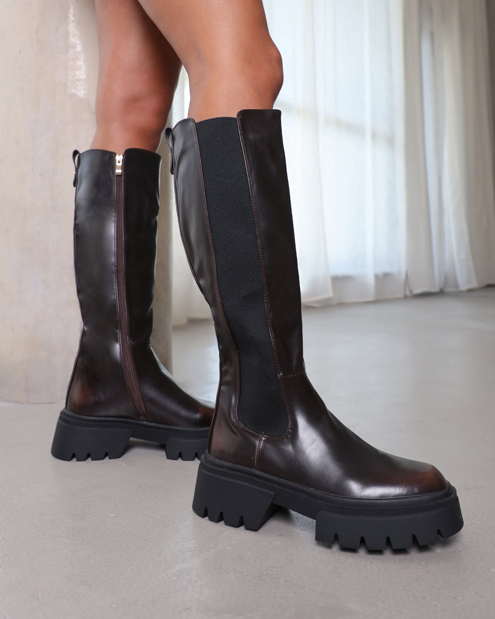 Brookes Brown Burnished Knee High Chunky Boots