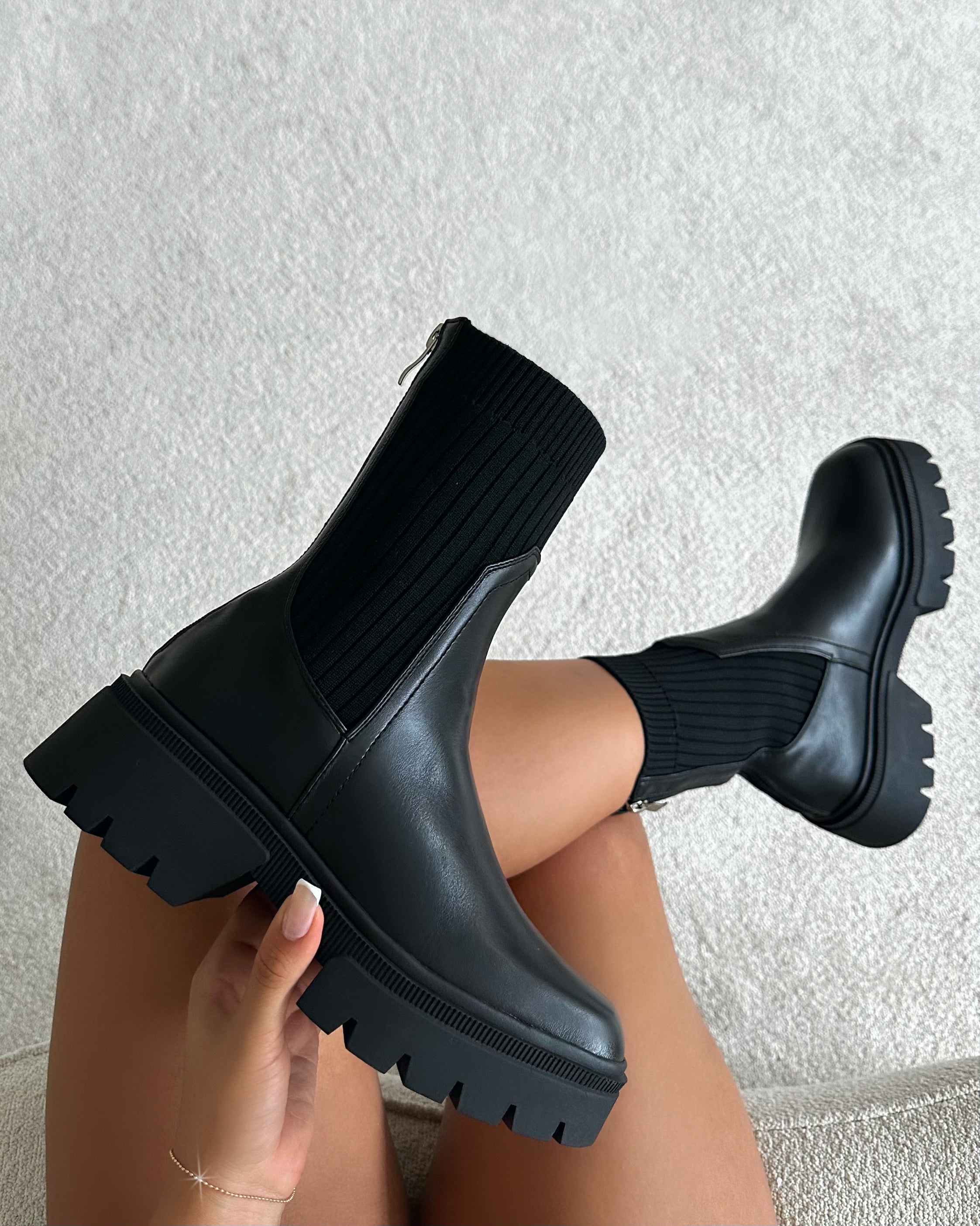 Malakai Black Knit Chunky Ankle Boots