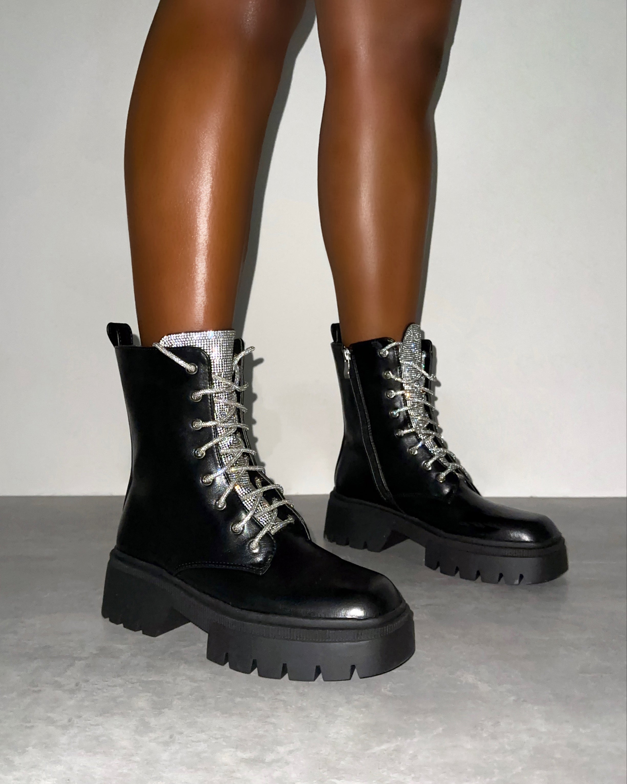 Bryn Black Diamante Lace Up Flat Ankle Boots