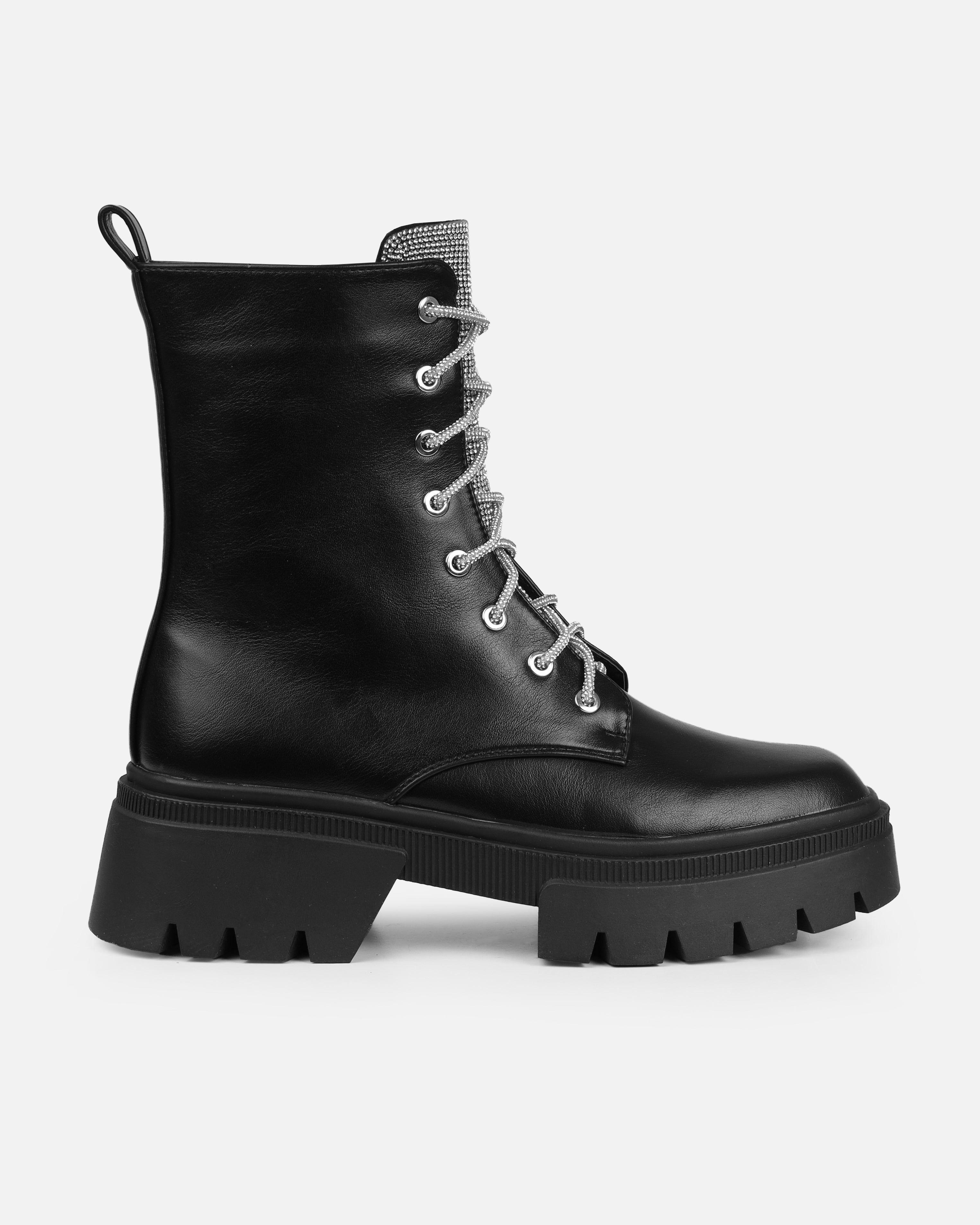 Bryn Black Diamante Lace Up Flat Ankle Boots