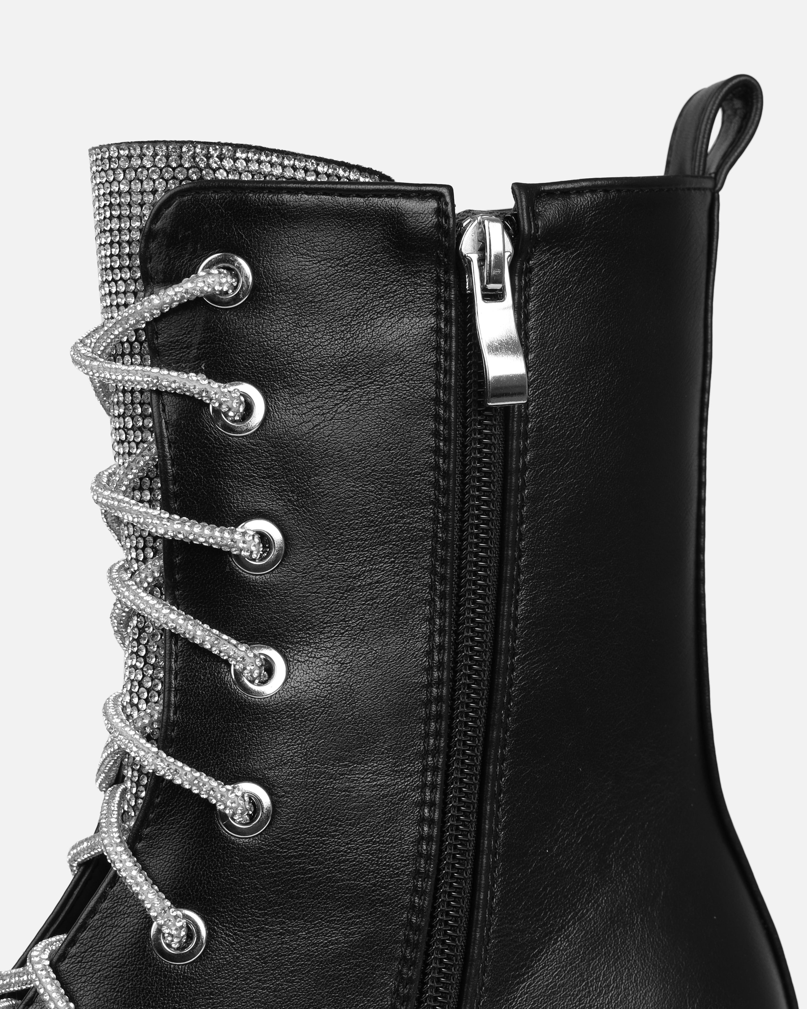 Bryn Black Diamante Lace Up Flat Ankle Boots