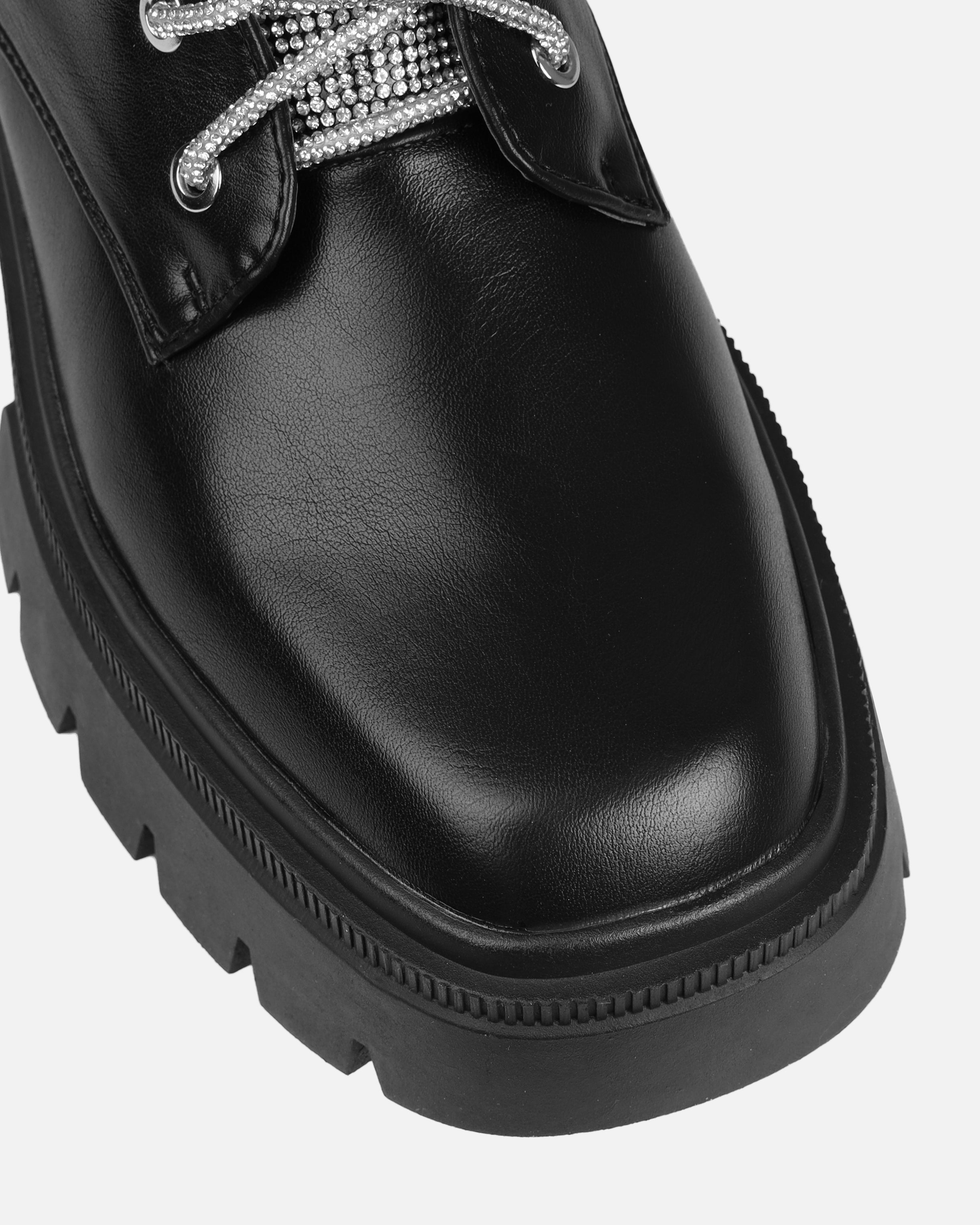 Bryn Black Diamante Lace Up Flat Ankle Boots