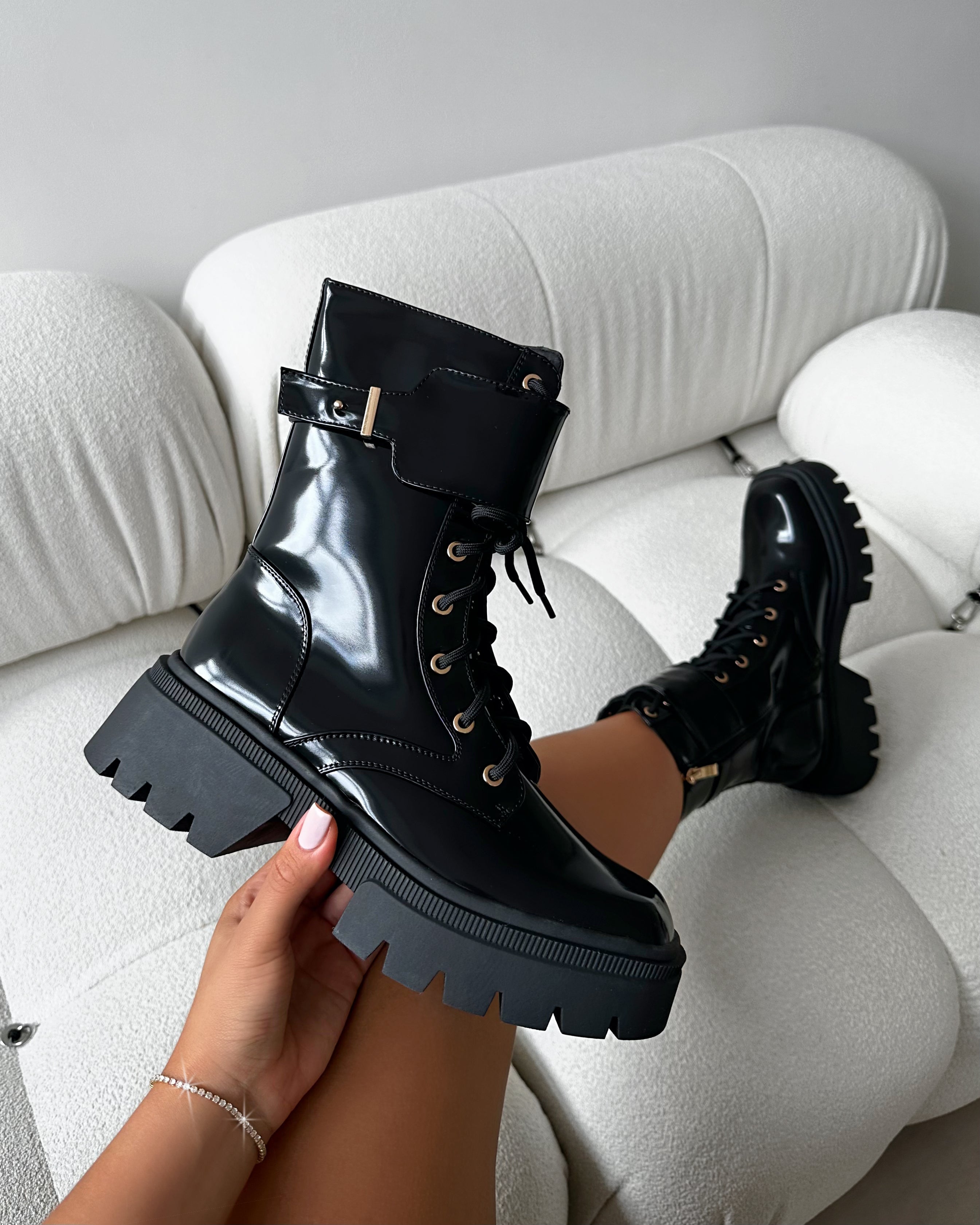 Dafydd Black Chunky Flat Lace Up Combat Boots