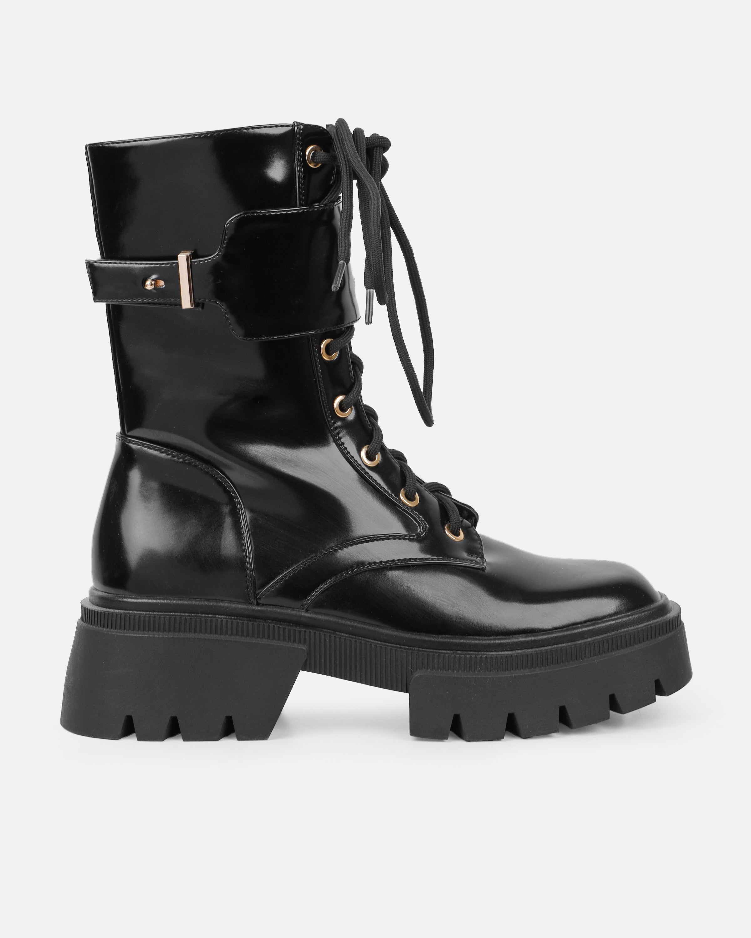 Dafydd Black Chunky Flat Lace Up Combat Boots