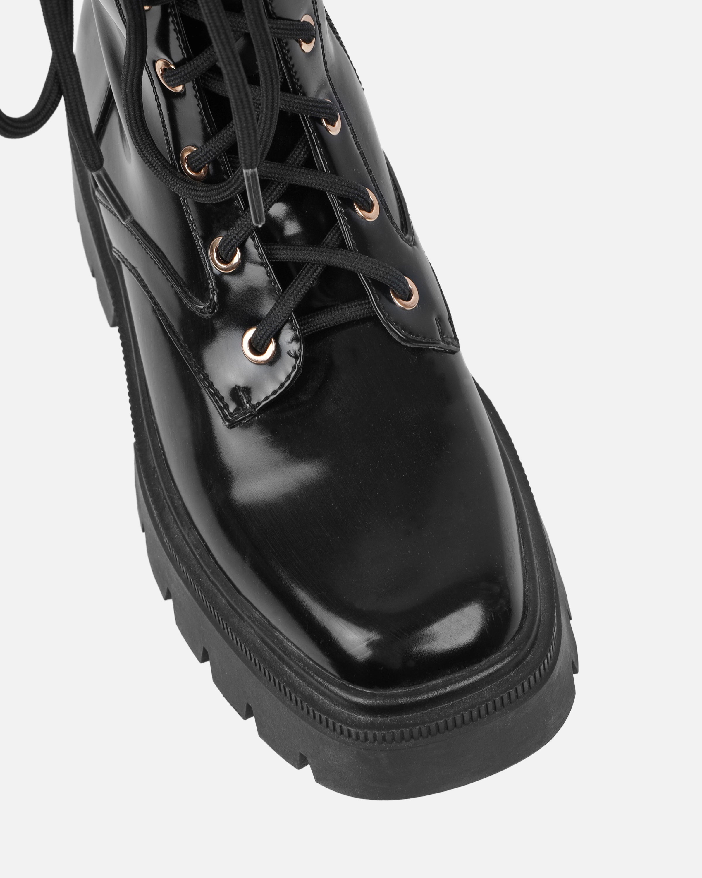Dafydd Black Chunky Flat Lace Up Combat Boots