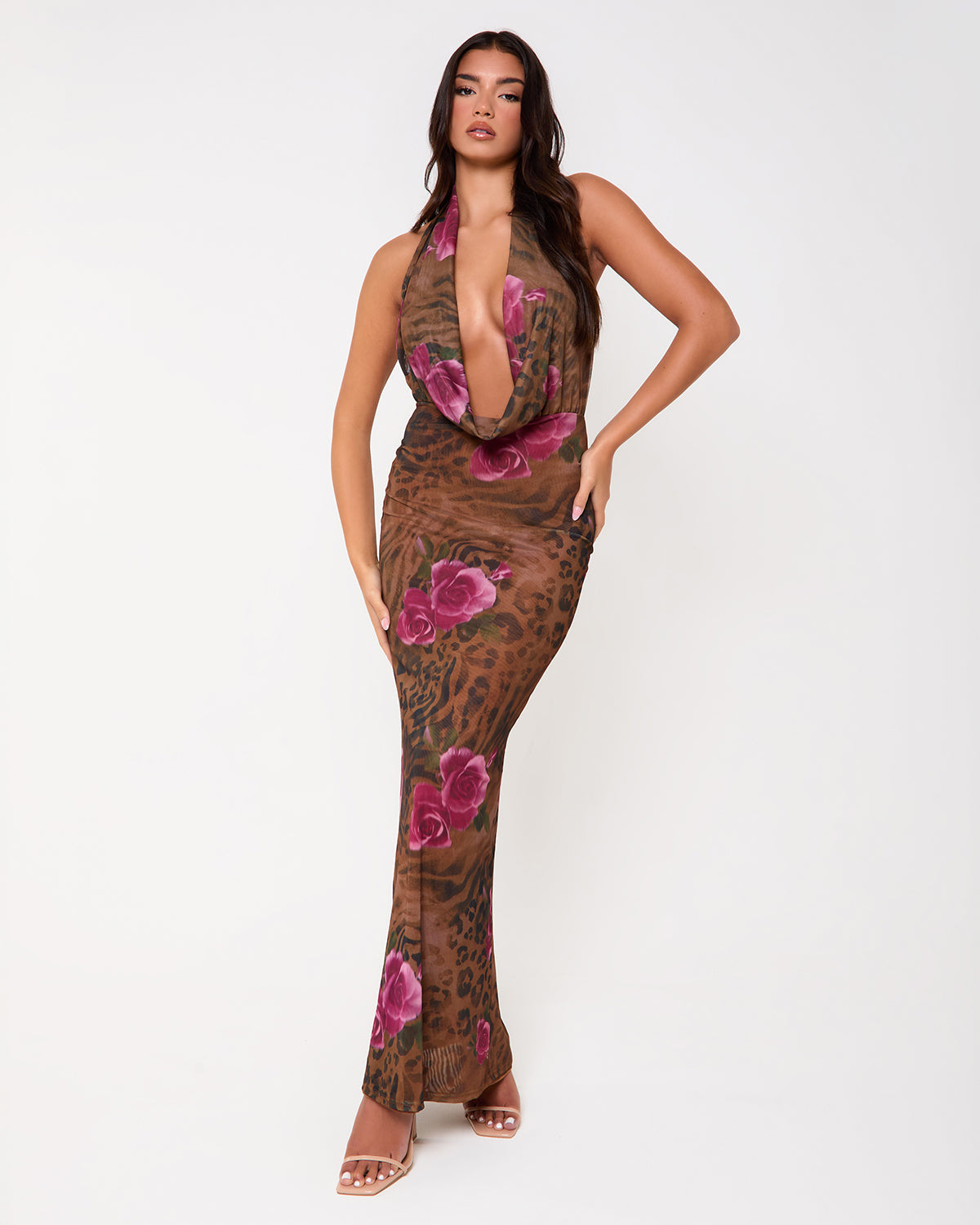Queens Print Extreme Cowl Neck Maxi Dress