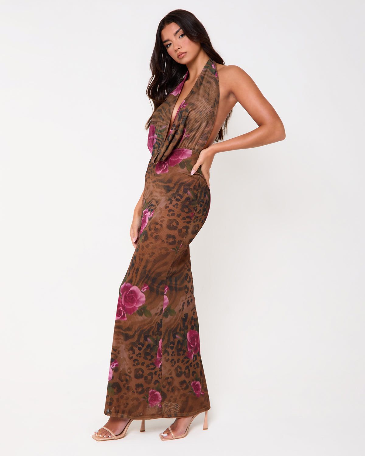 Queens Print Extreme Cowl Neck Maxi Dress