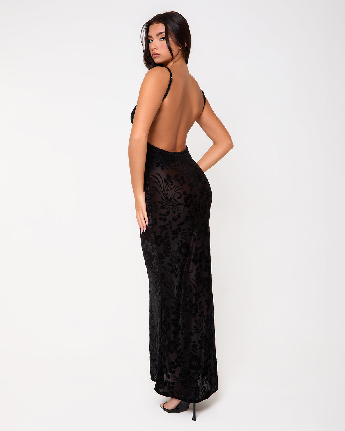 Chelsea Black Devore Backless Maxi Dress