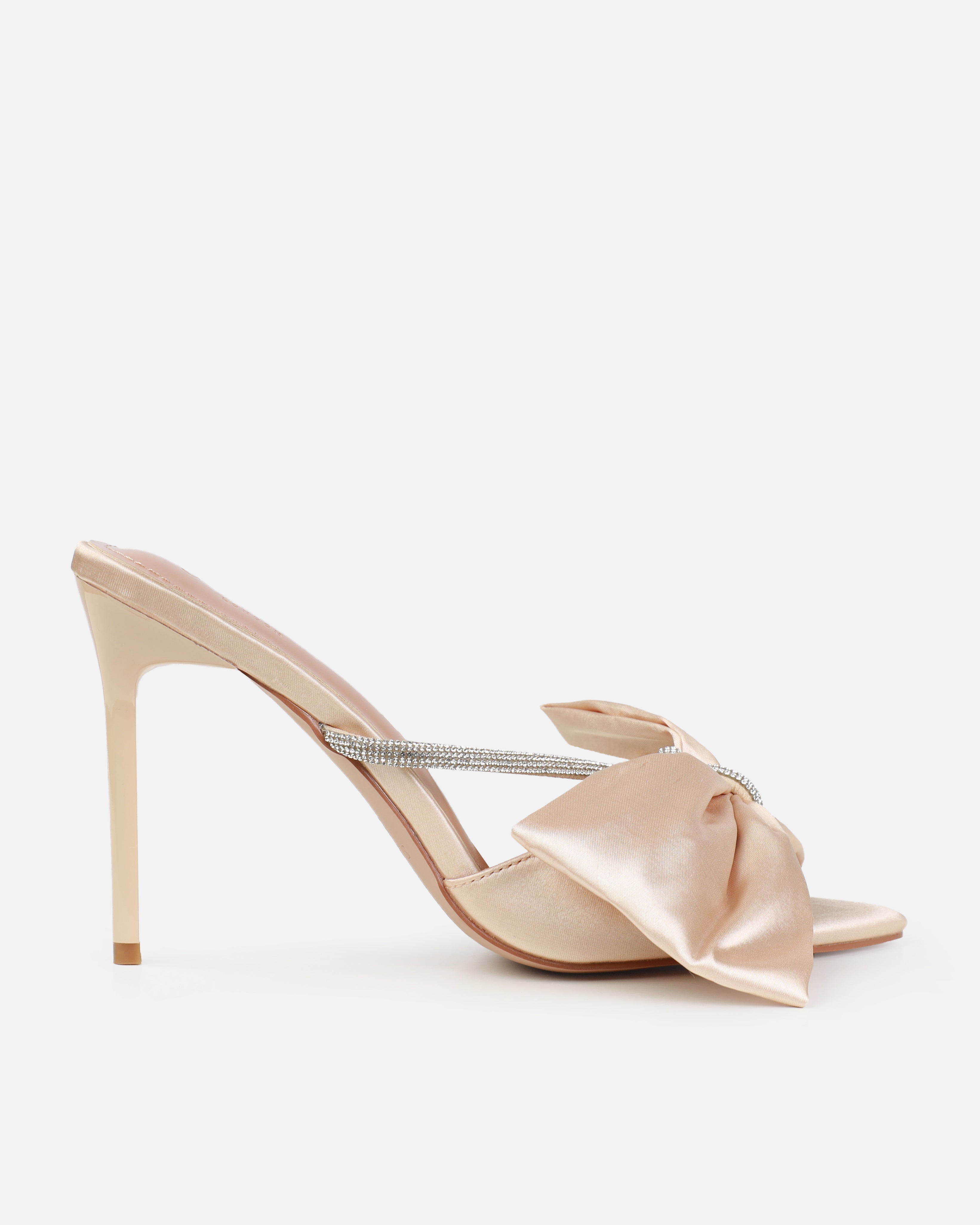 Dionne Crowe Veil Champagne Satin Diamante Bow Mules