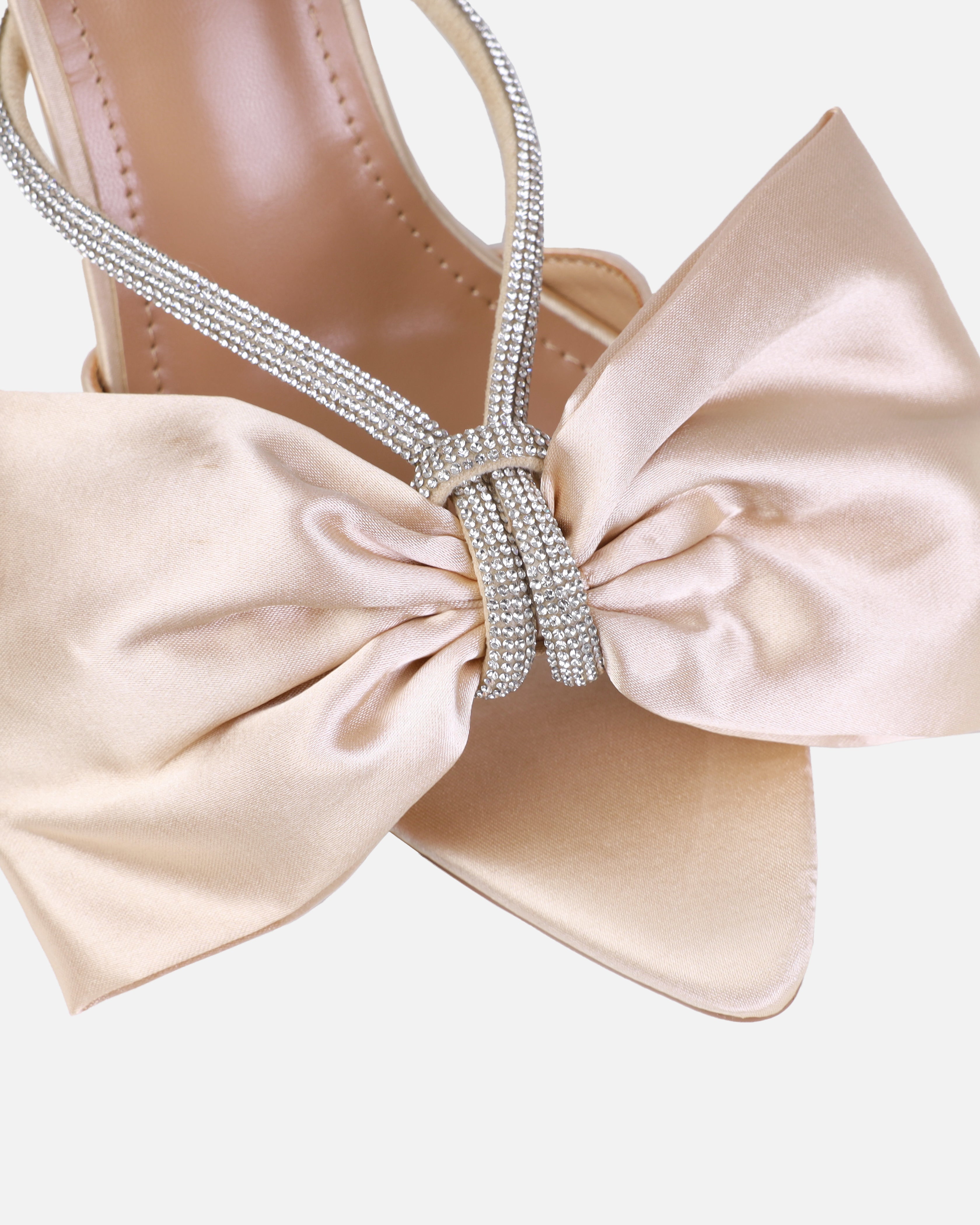 Dionne Crowe Veil Champagne Satin Diamante Bow Mules
