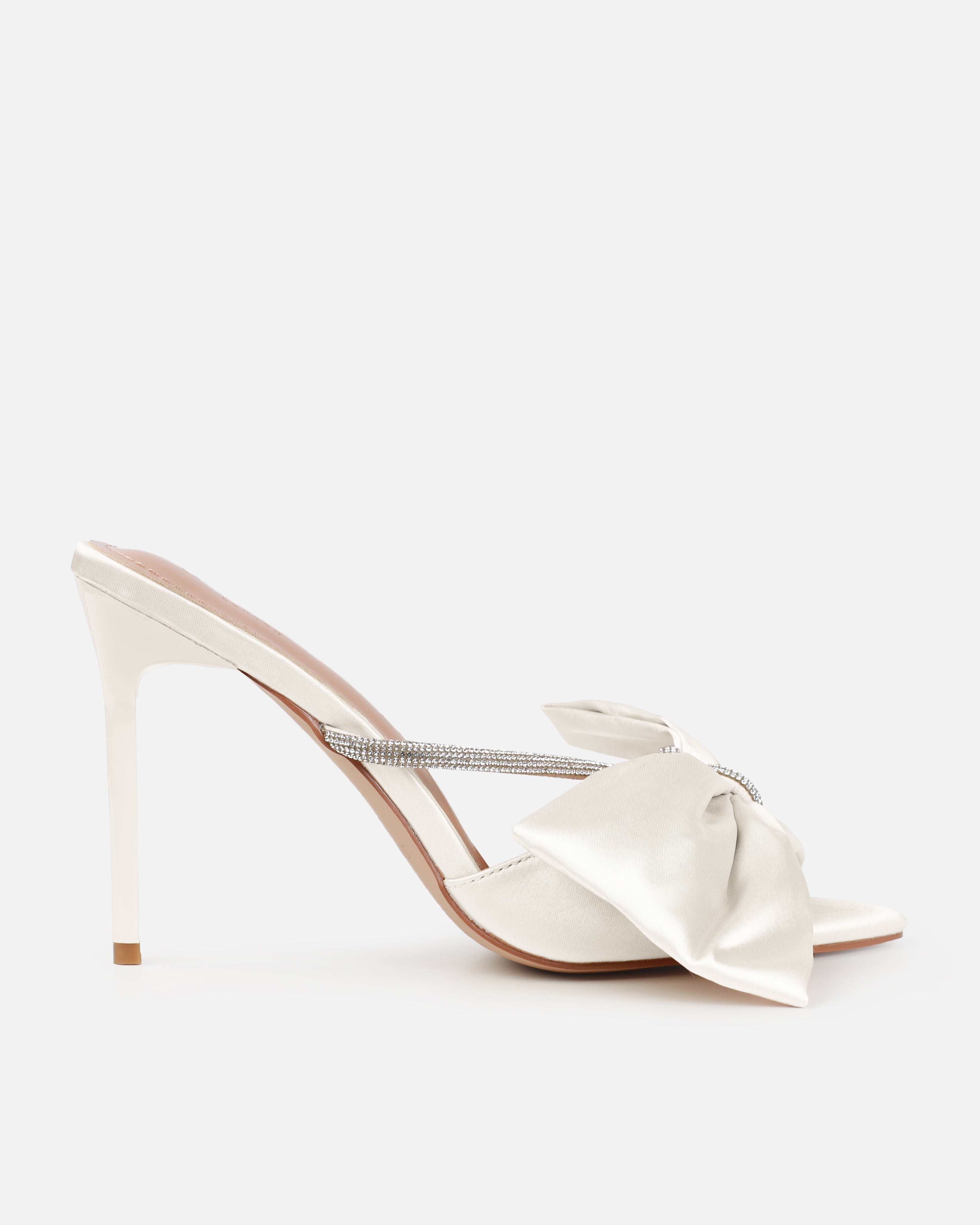 Dionne Crowe Veil Ivory Satin Diamante Bow Mules