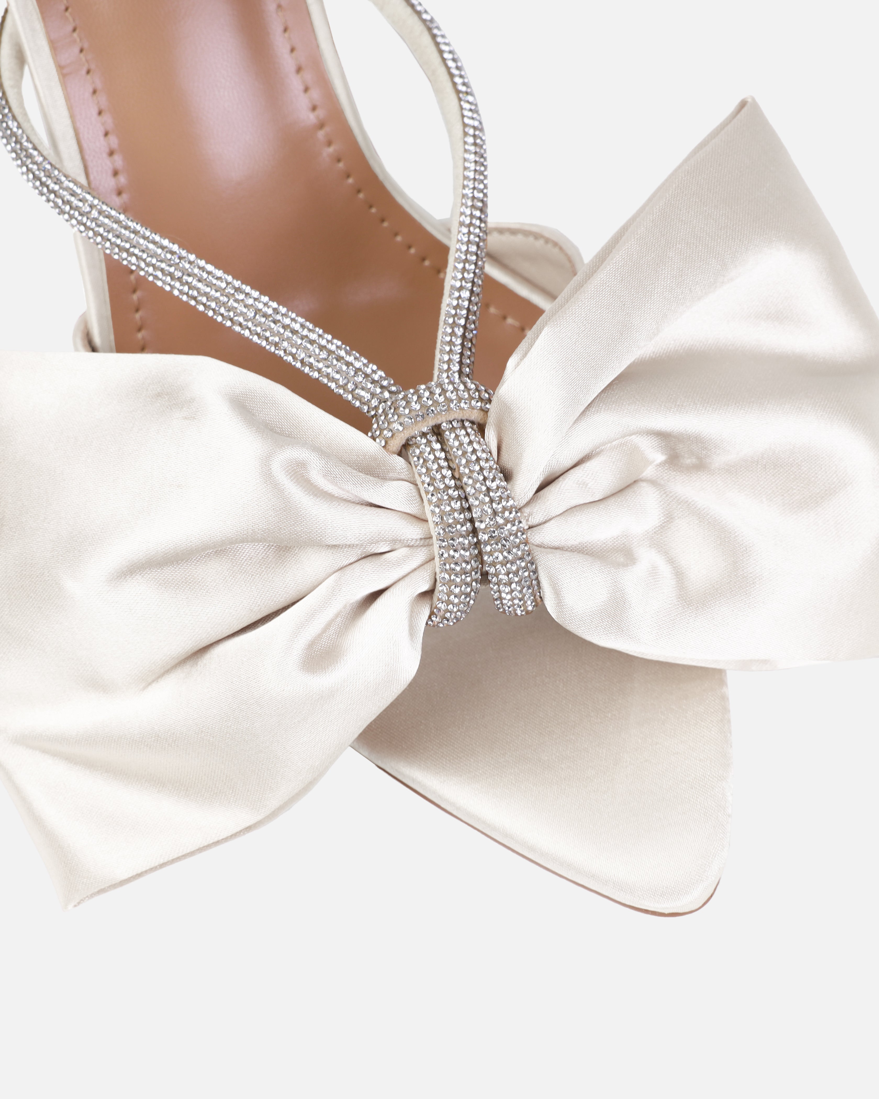 Dionne Crowe Veil Ivory Satin Diamante Bow Mules
