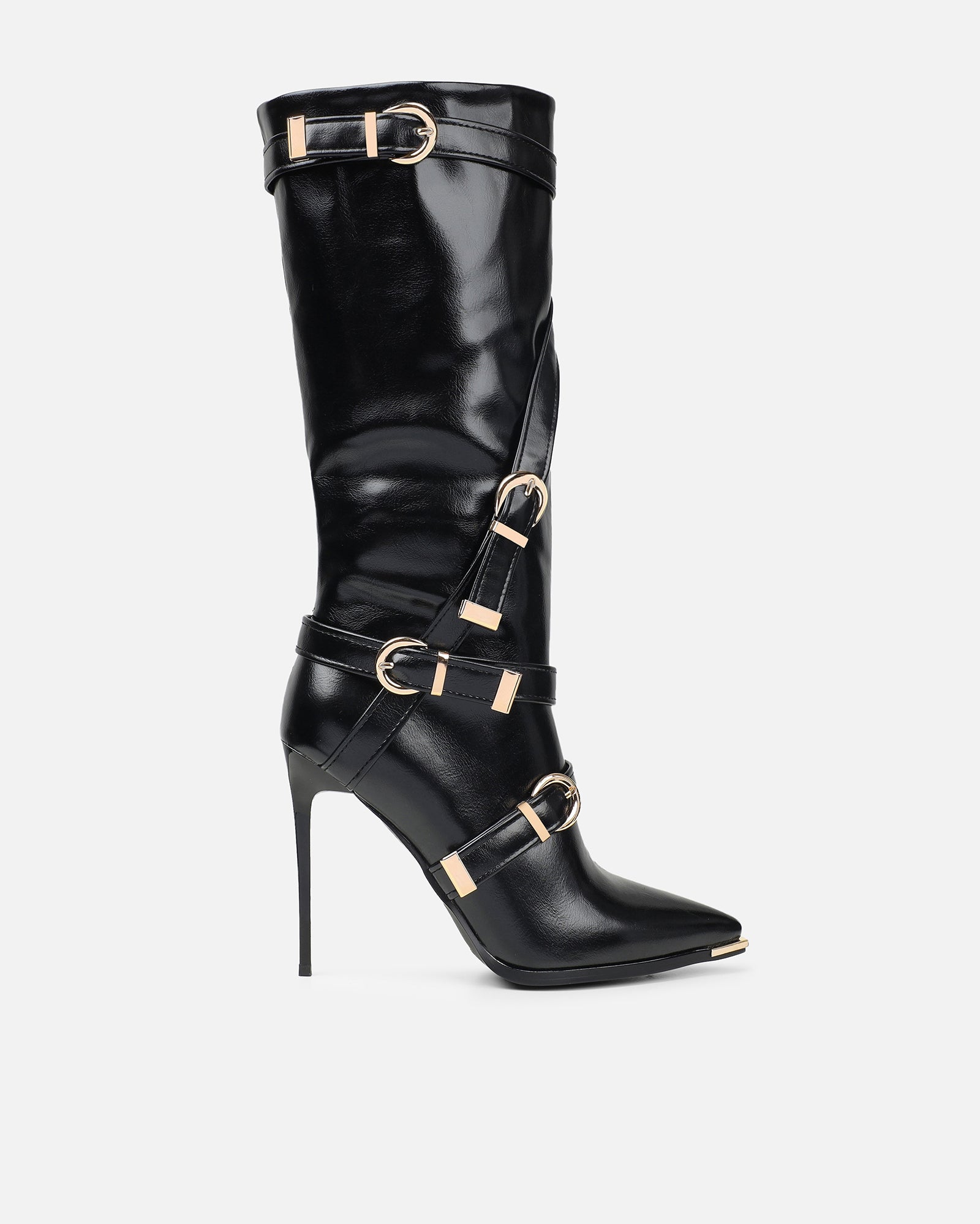 Elvis Black Buckle Detail Stiletto Knee Boots