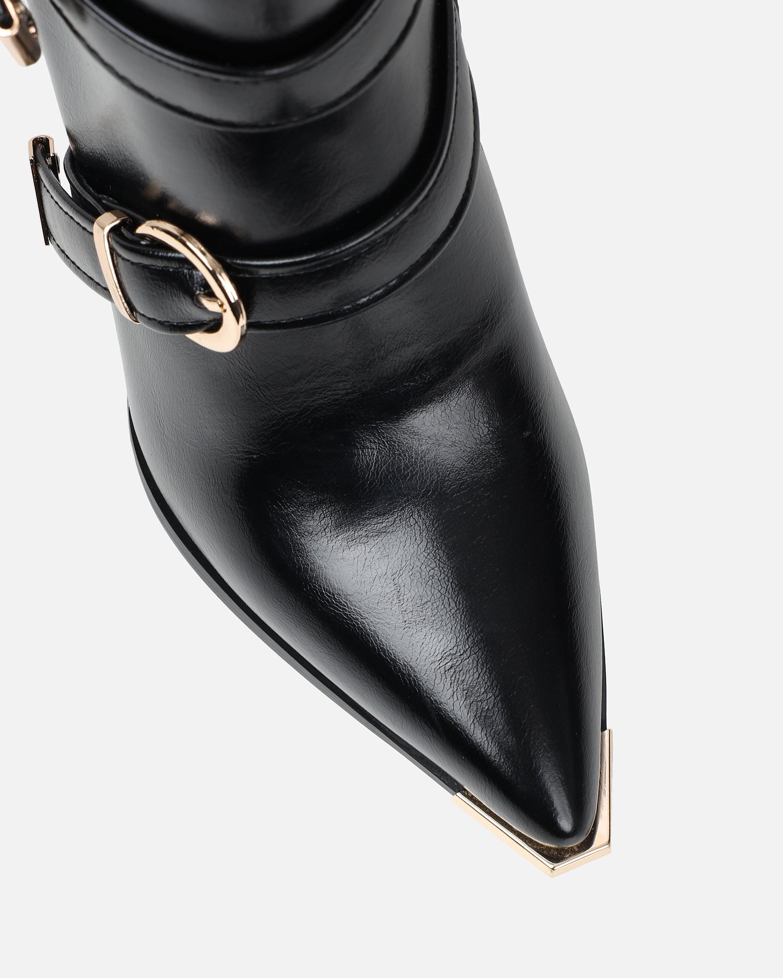 Elvis Black Buckle Detail Stiletto Knee Boots