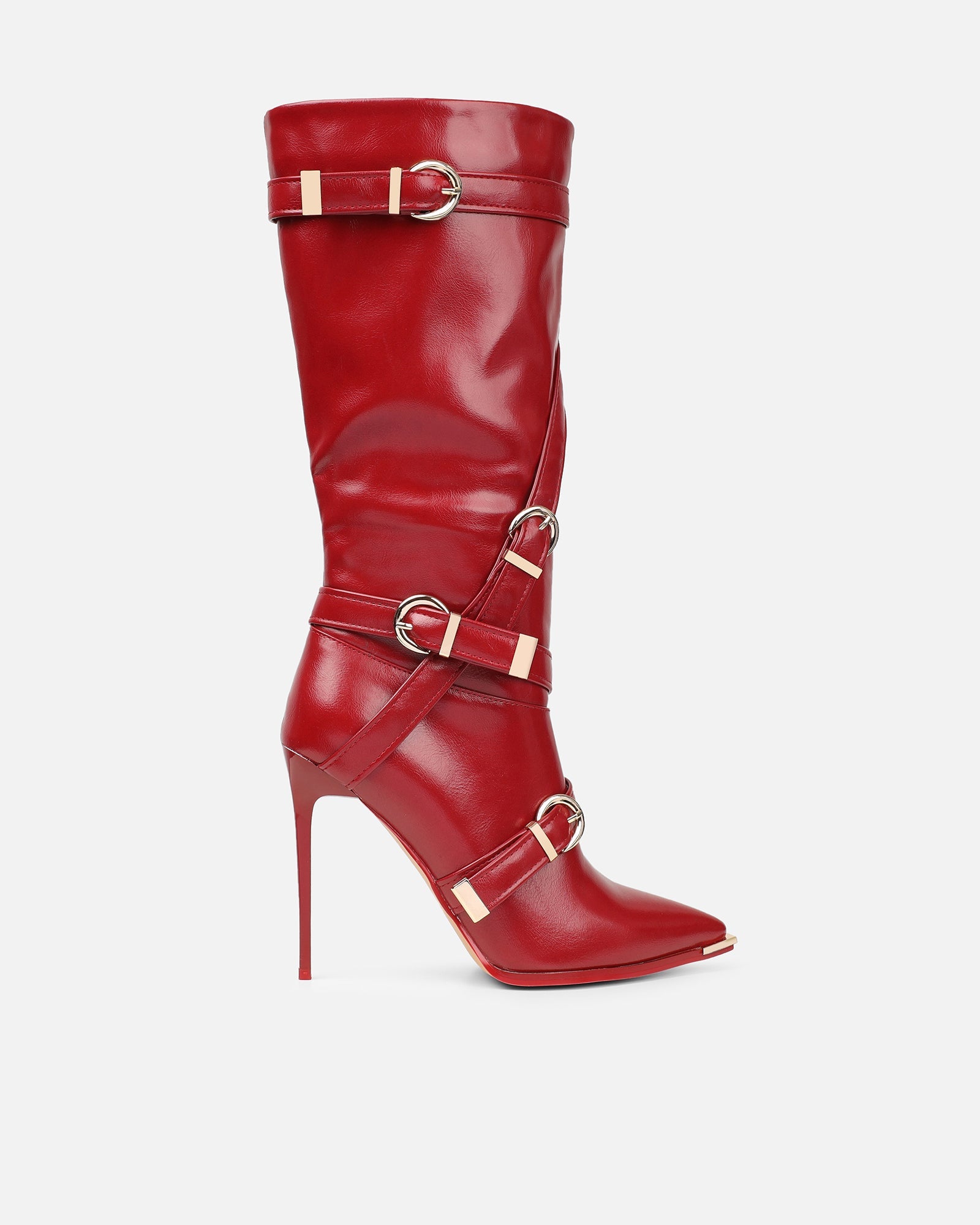 Elvis Red Buckle Detail Stiletto Knee Boots