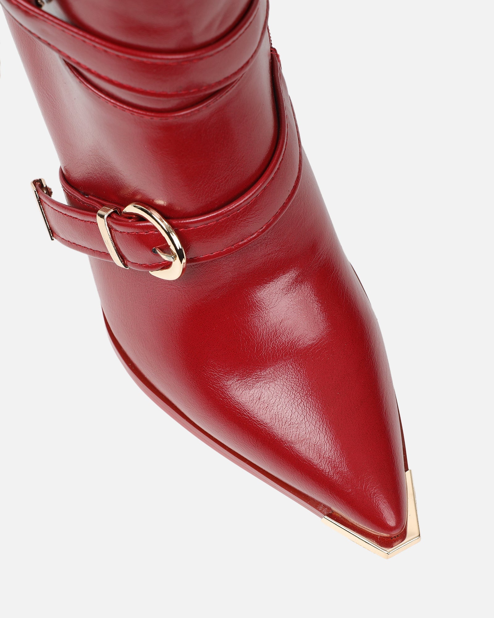 Elvis Red Buckle Detail Stiletto Knee Boots