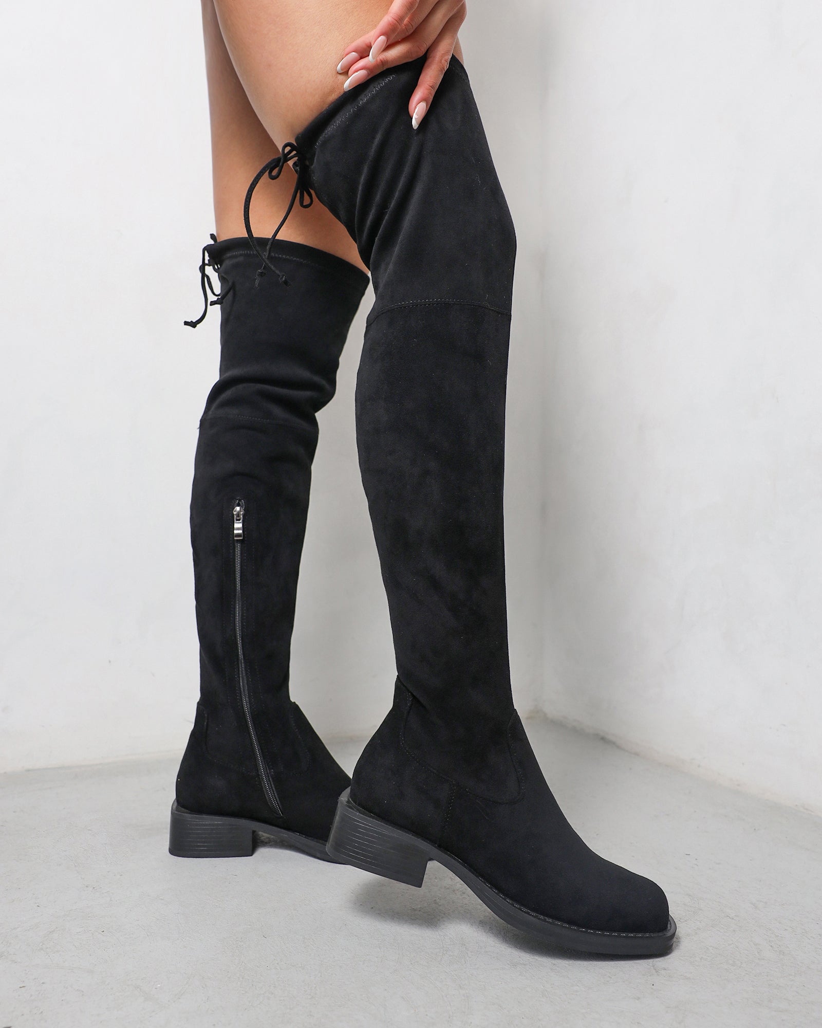 Dustin Black Faux Suede Stretch Flat Over The Knee Boots
