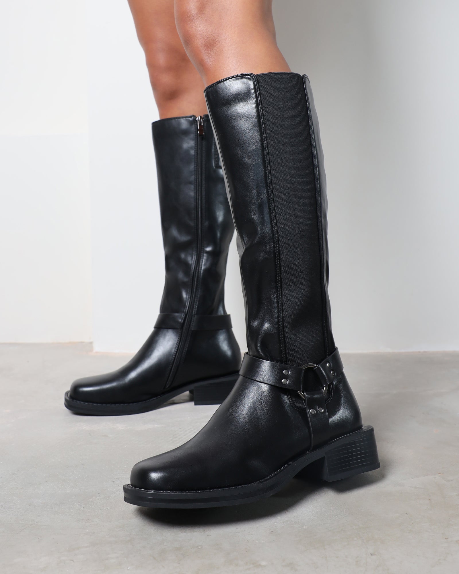 Collins Black Harness Knee High Biker Boots