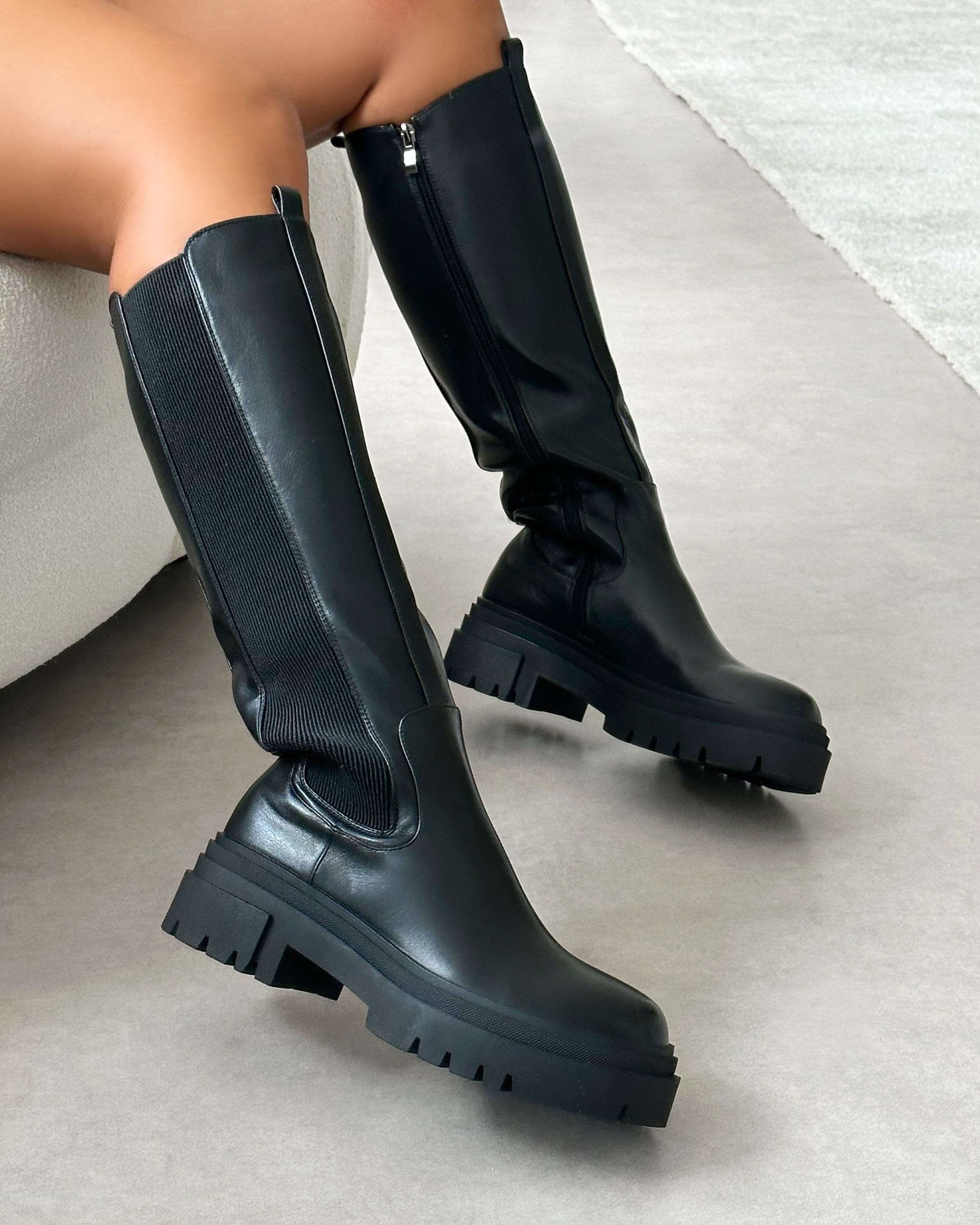 Tommo Black Flat Chunky Knee High Boots